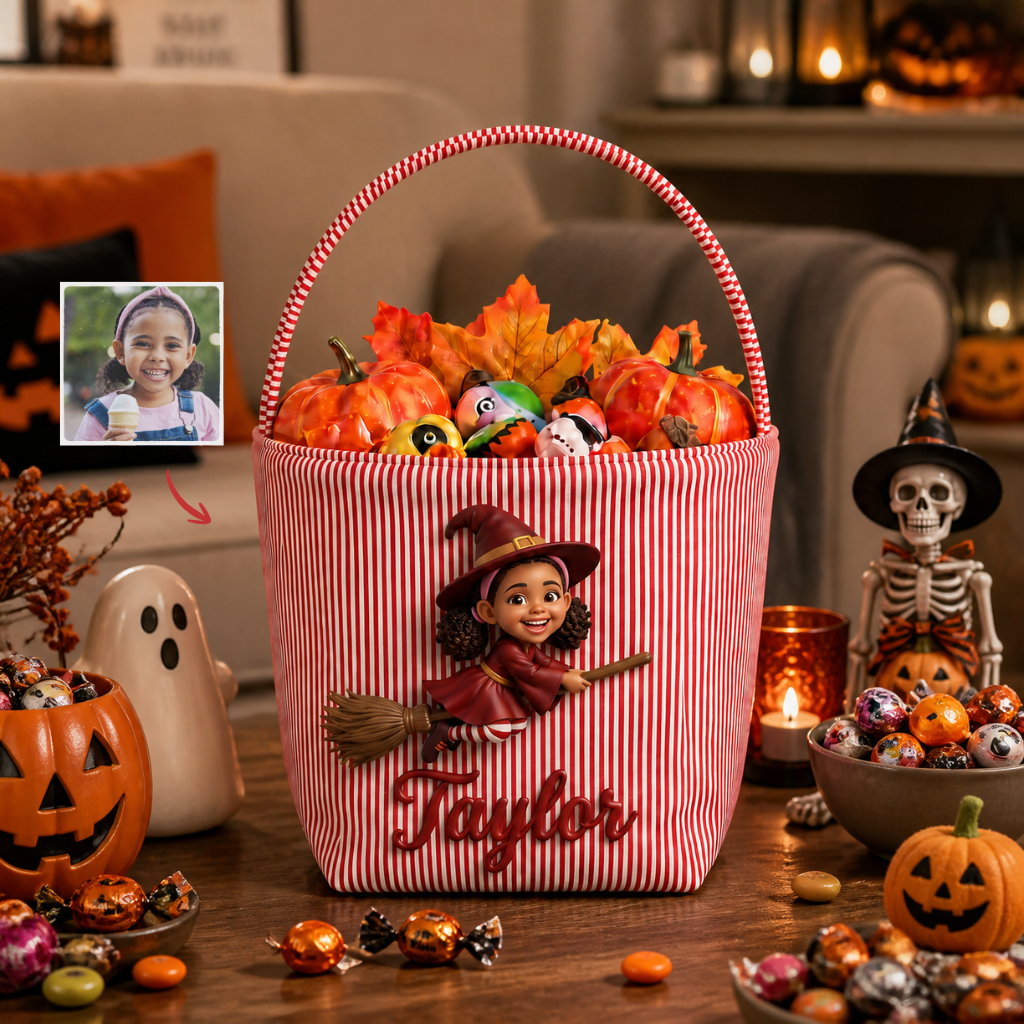 Custom Photo Name Witch Candy Basket, Personalized Halloween Trick Or Treat Basket, Gift for Kids Who Love Witches