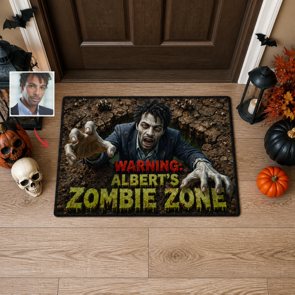 Custom Photo Name Zombie Doormat, Personalized Halloween Welcome Mat, Spooky Gift for Zombie Fans hn01082026