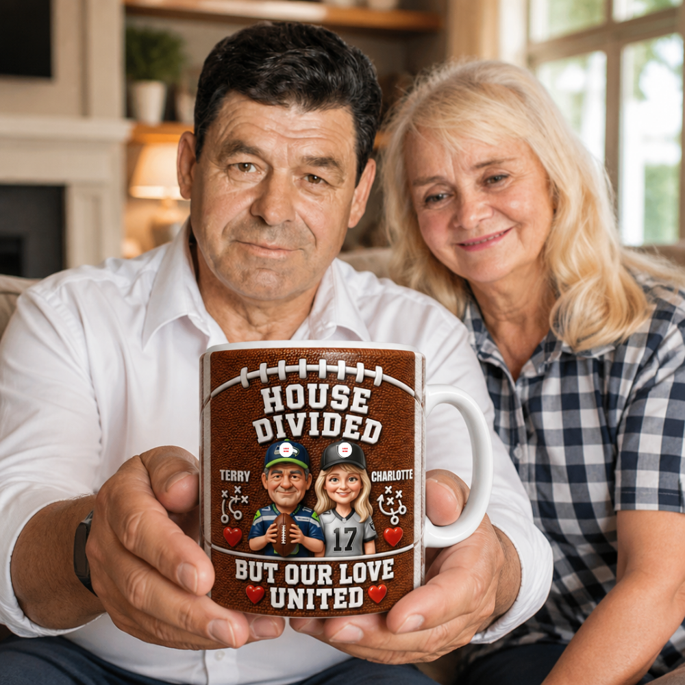 Custom Photo Name "House Divided" Football Mug - Personalized Gridiron Rivalry Couple Coffee Cup