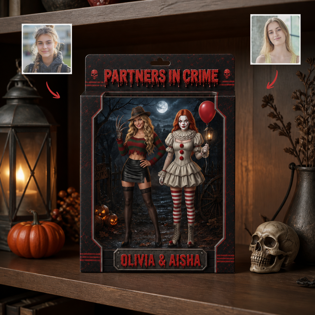 Custom Photo Name Horror Box Plaque, Personalized Spooky Couple Display, Halloween Gift for Horror Fans hn07082026