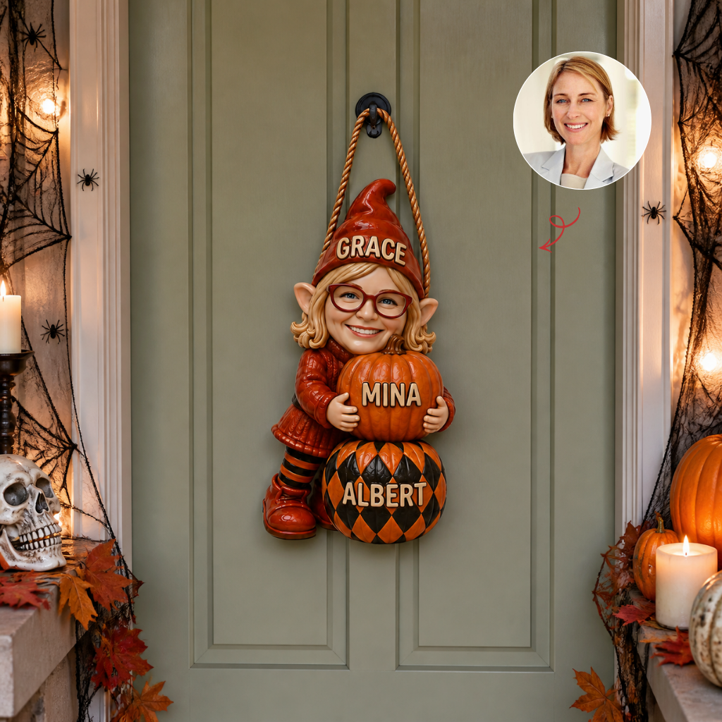 Custom Photo Name Halloween Door Hanger, Personalized Witch Pumpkin Front Door Decor, Halloween Gift for Mom hn19082026