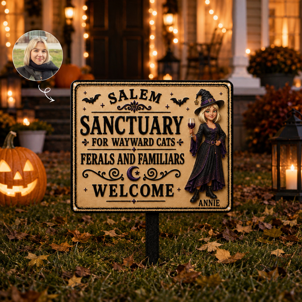 Custom Photo Name Witch Metal Sign, Personalized Halloween Witch Wall Decor, Gift for Witch Lovers hn25082026