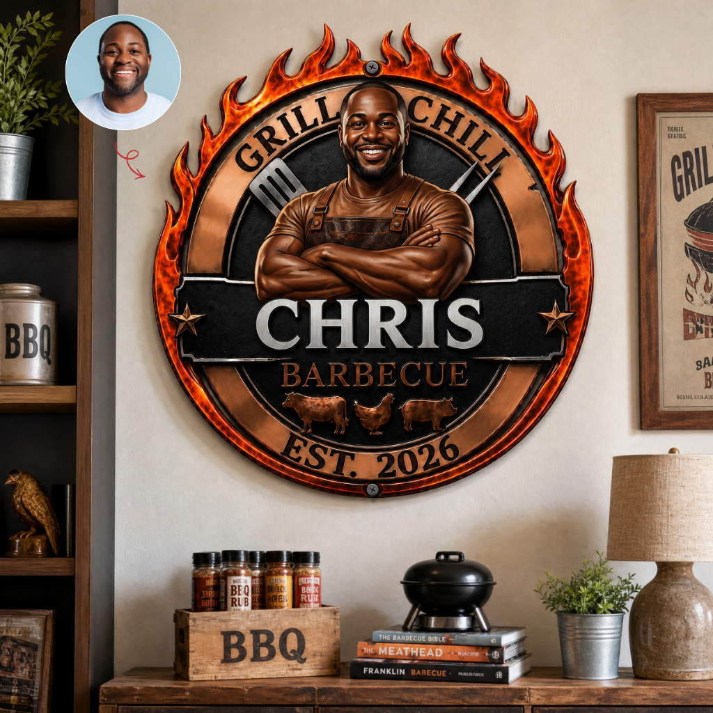 Custom Photo Name BBQ Metal Sign, Personalized Grill Wall Decor, Gift for Grill Masters and BBQ Lovers hn28082026