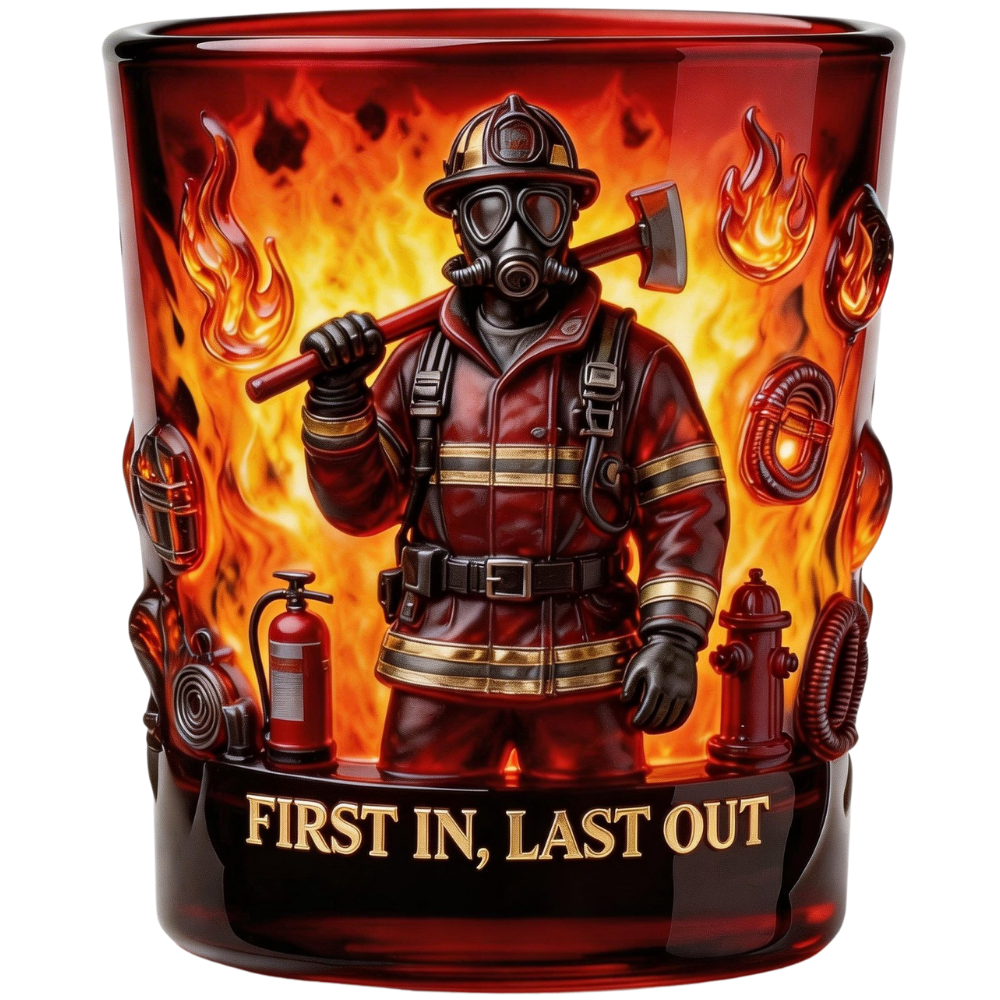 Personalized Firefighter Whiskey Glass – Custom Name “First In Last Out” Gift
