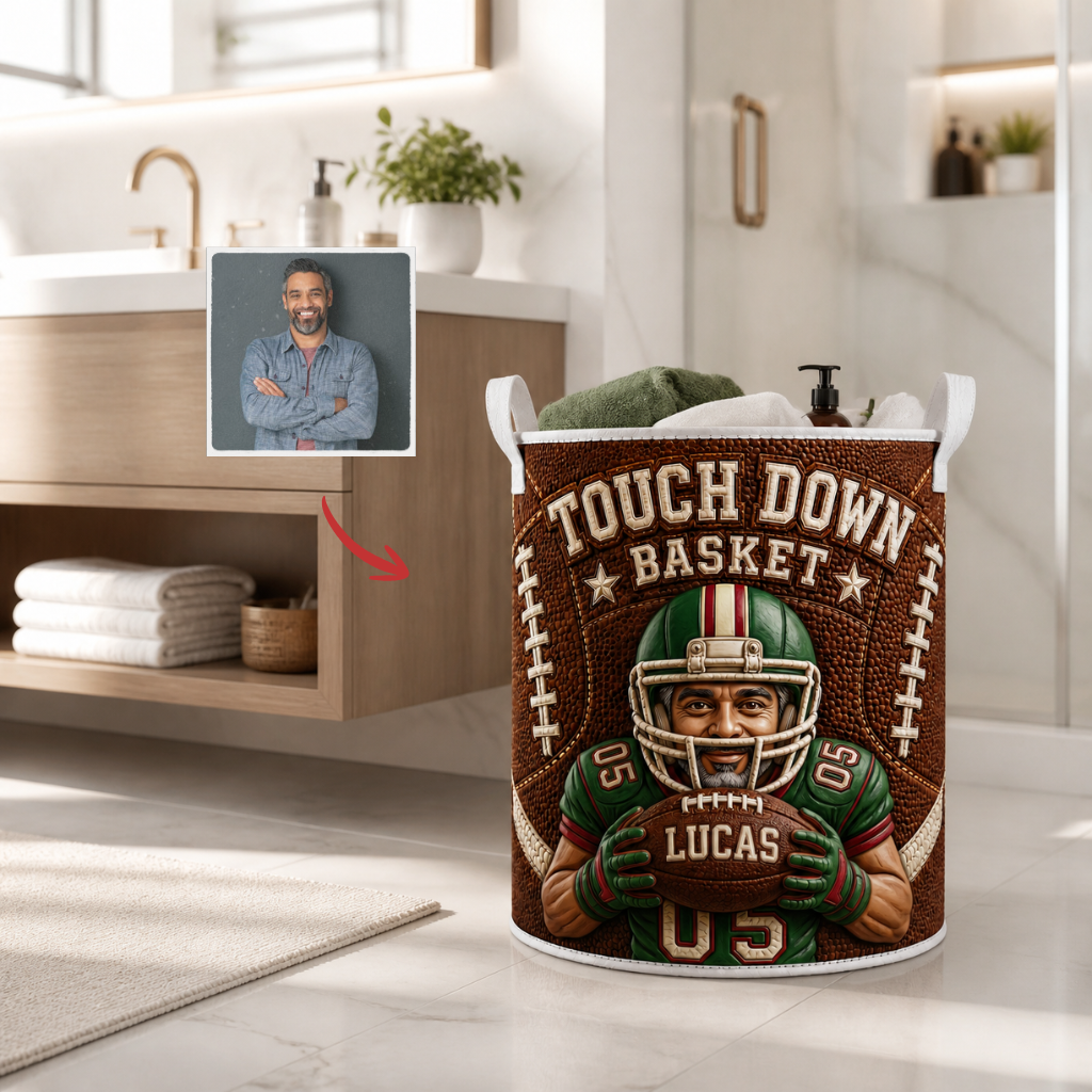 Custom Photo Name Football Laundry Basket, Personalized Sports Hamper, Gift for Football Fans hn17072026