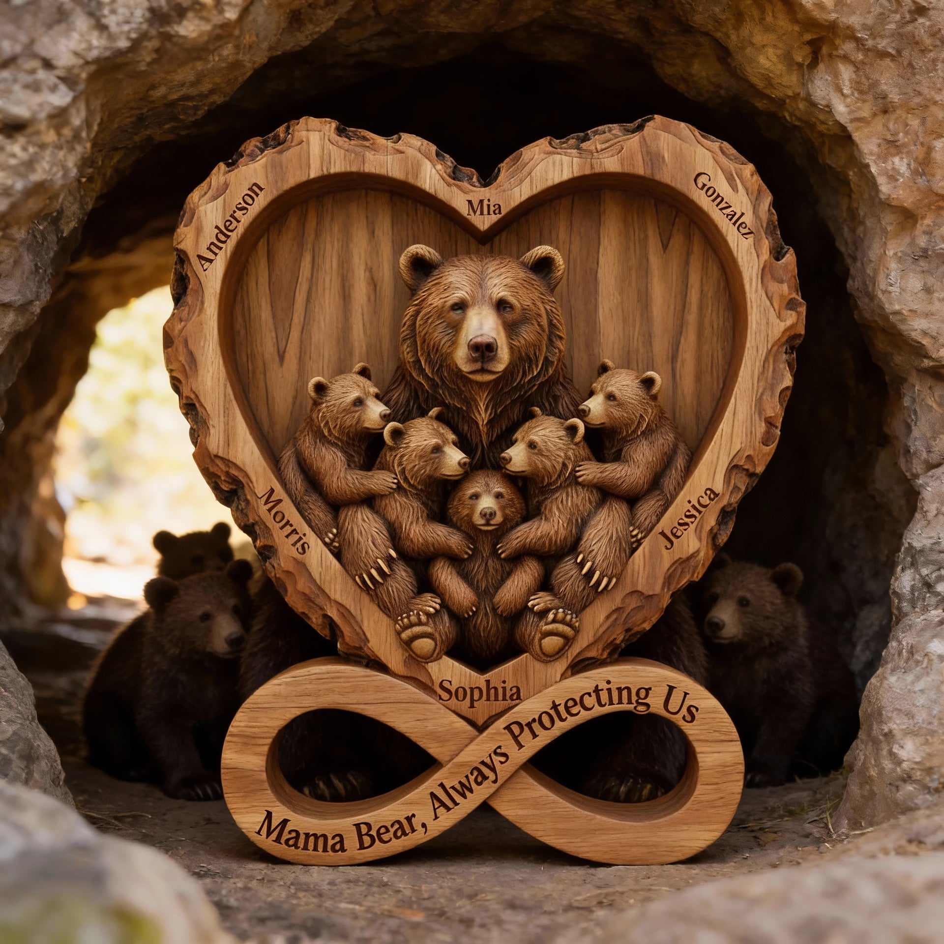 Mama Bear with Cubs Personalized Wooden Plaque – Custom Kids Names Gift for Mom