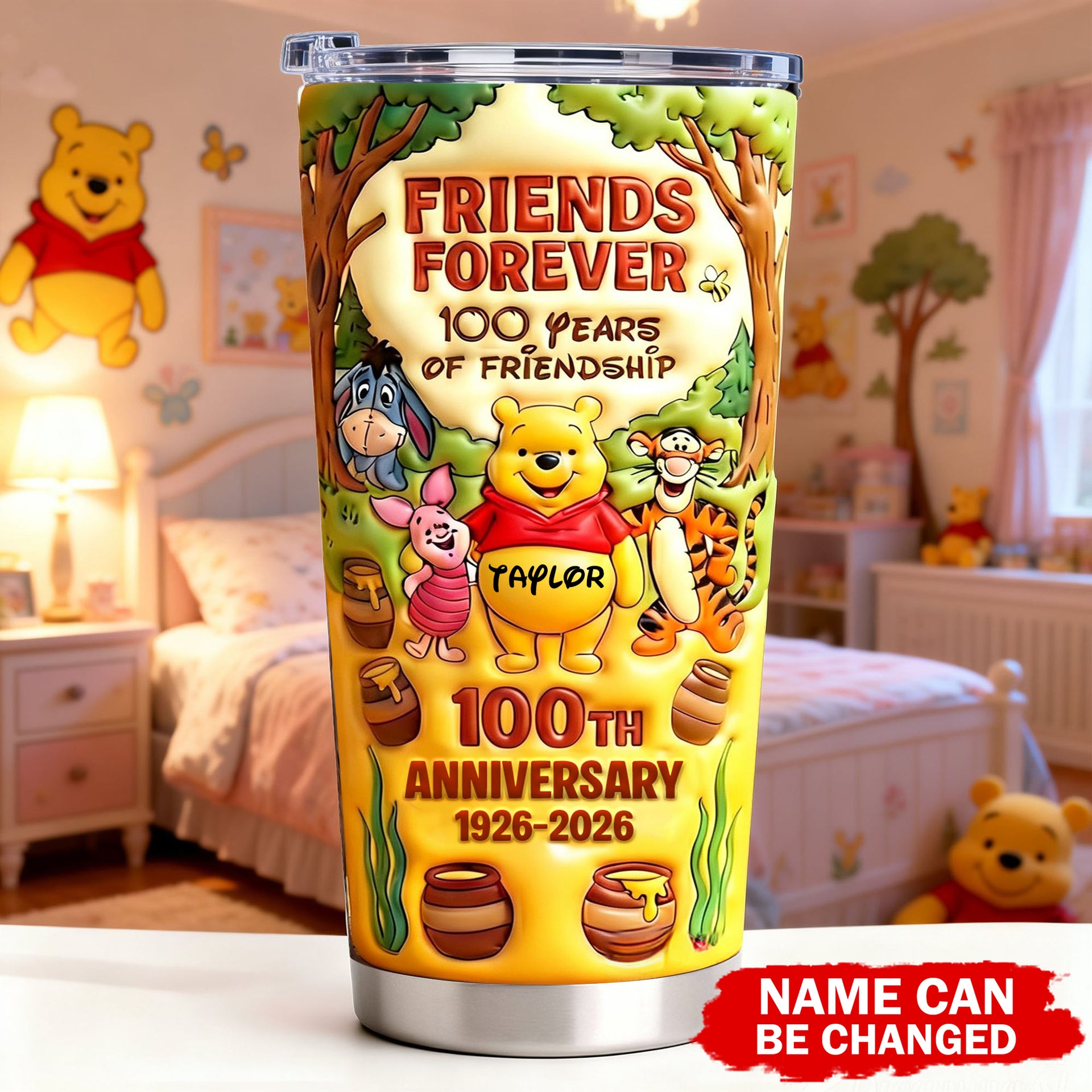 Personalized Yellow Bear Fan Lover Tumbler – 100th Anniversary Friendship Gift for Fans