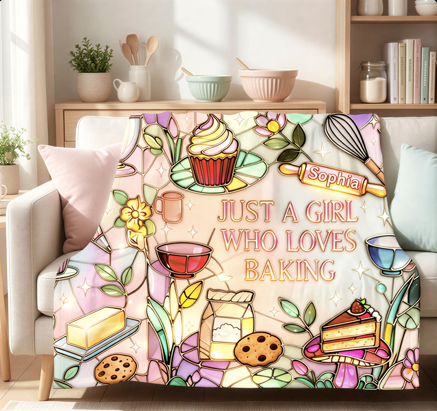 Personalized Baking Blanket with Name – Stained Glass Baker Gift, Cozy Blanket for Baking Lovers