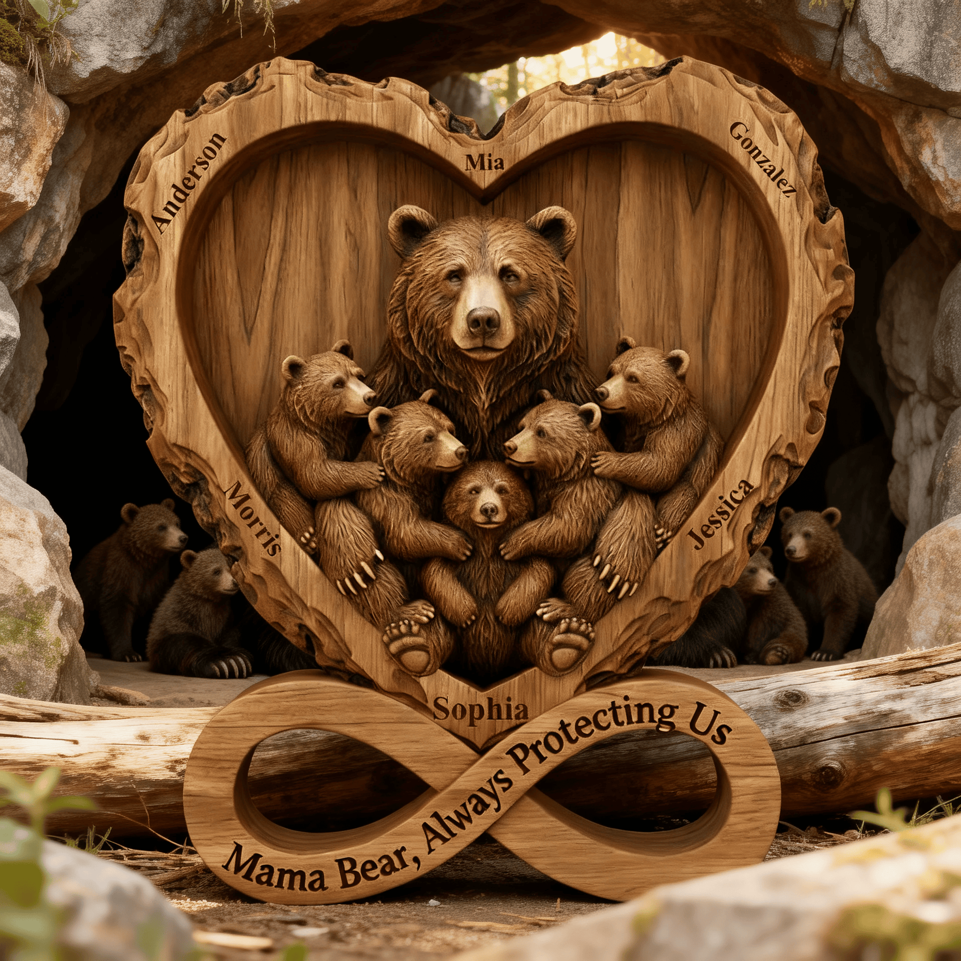 Mama Bear with Cubs Personalized Wooden Plaque – Custom Kids Names Gift for Mom