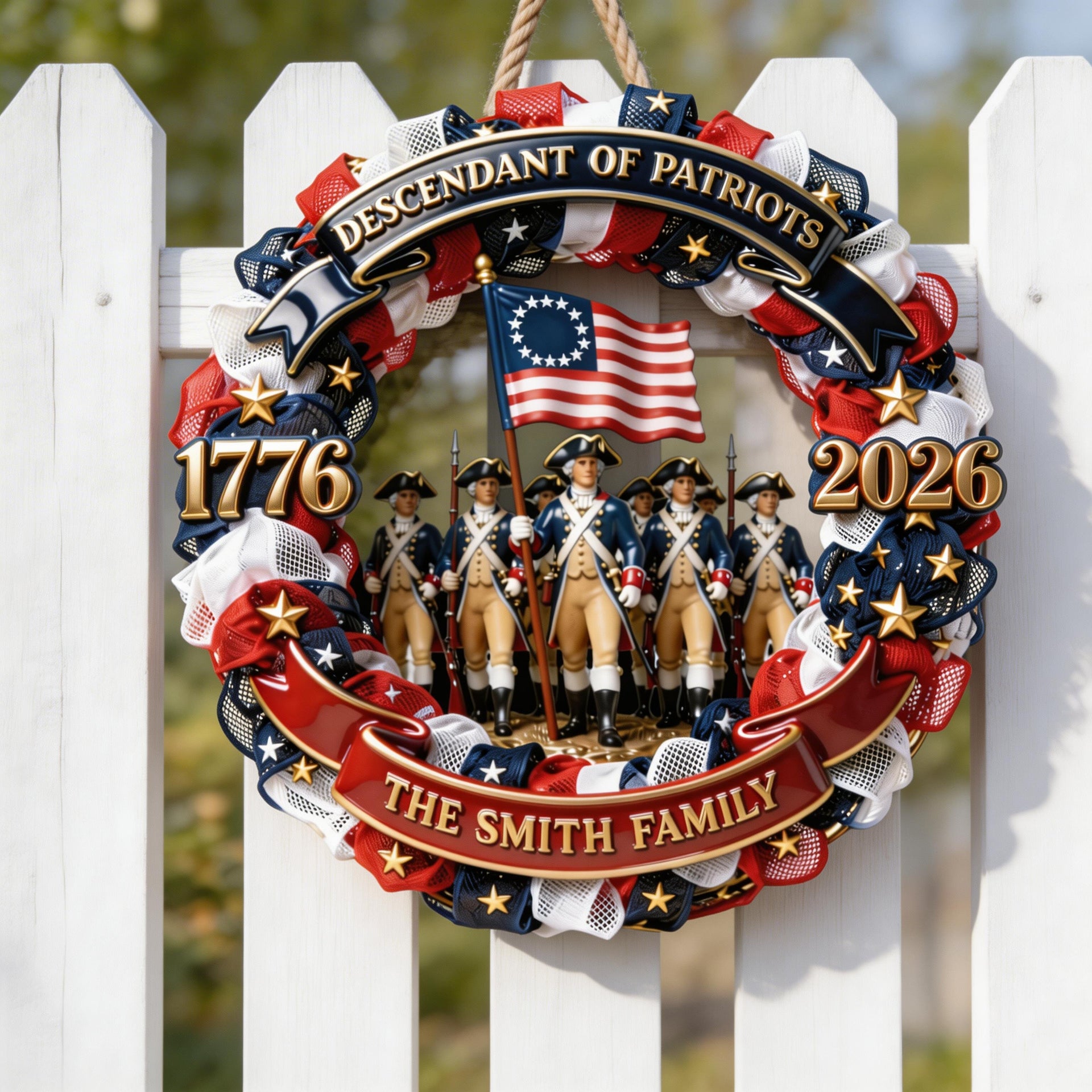 Descendant of Patriots Wood Sign – Personalized USA 250th Anniversary Wreath, Custom Family Name Door Sign, Patriotic Home Decor Gift