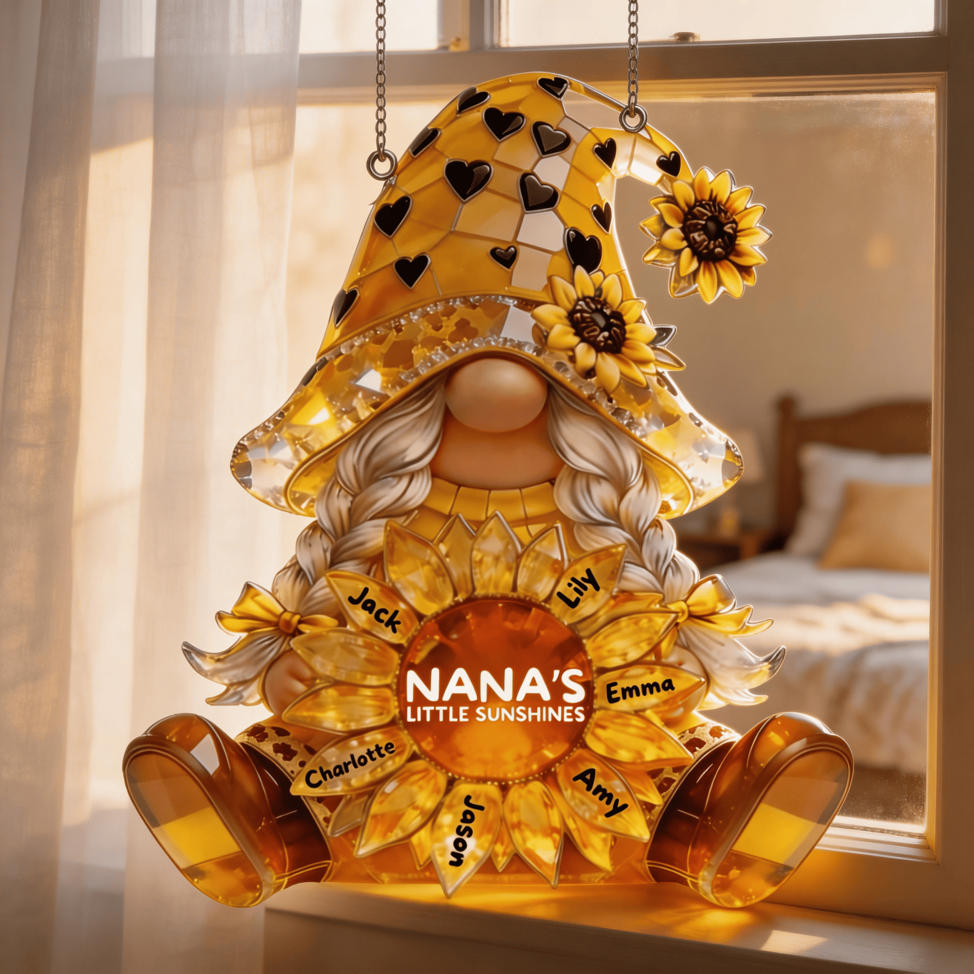 Personalized Nana Suncatcher – Nana’s Little Sunshines Gift, Custom Grandma Sunflower Gnome Ornament, Gift for Nana from Grandkids
