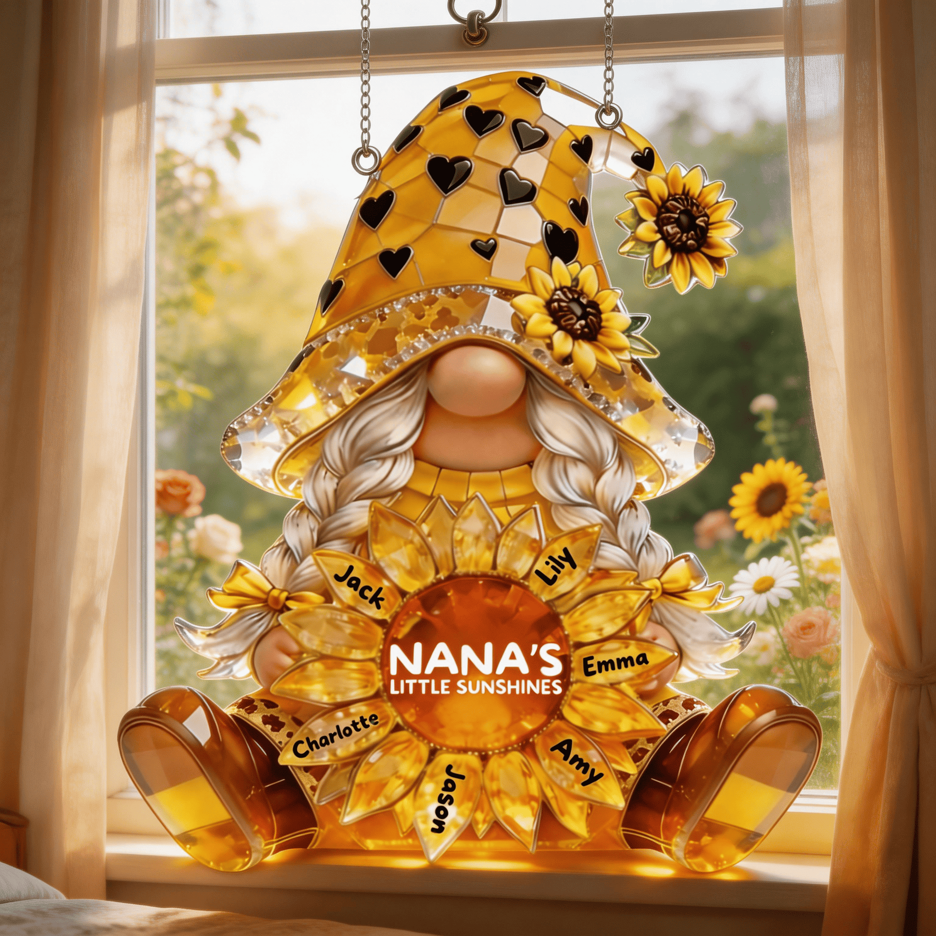 Personalized Nana Suncatcher – Nana’s Little Sunshines Gift, Custom Grandma Sunflower Gnome Ornament, Gift for Nana from Grandkids