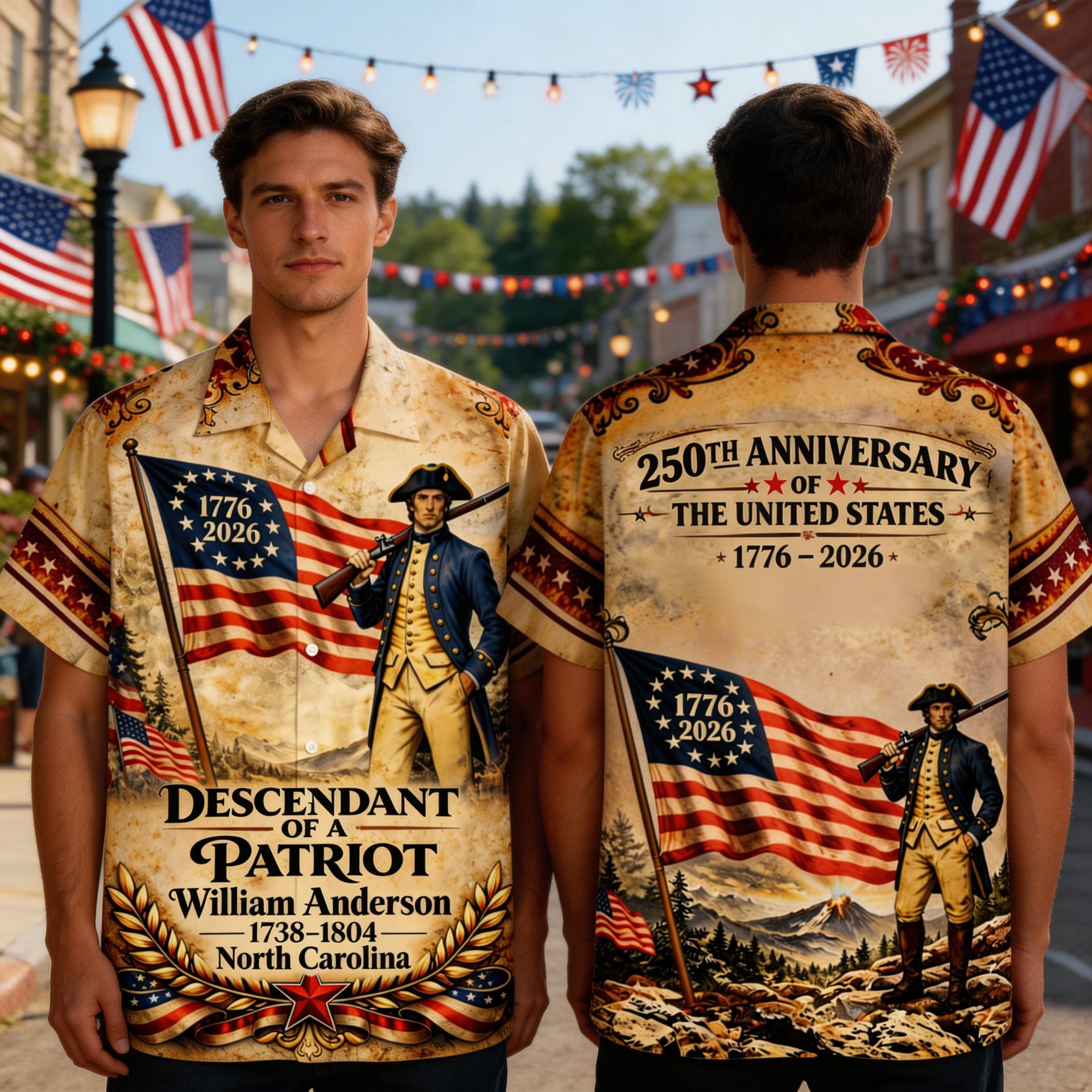 Descendant of a Patriot Hawaiian Shirt – USA 250th Anniversary 1776–2026, Personalized Patriotic Shirt, American Flag Vintage Style