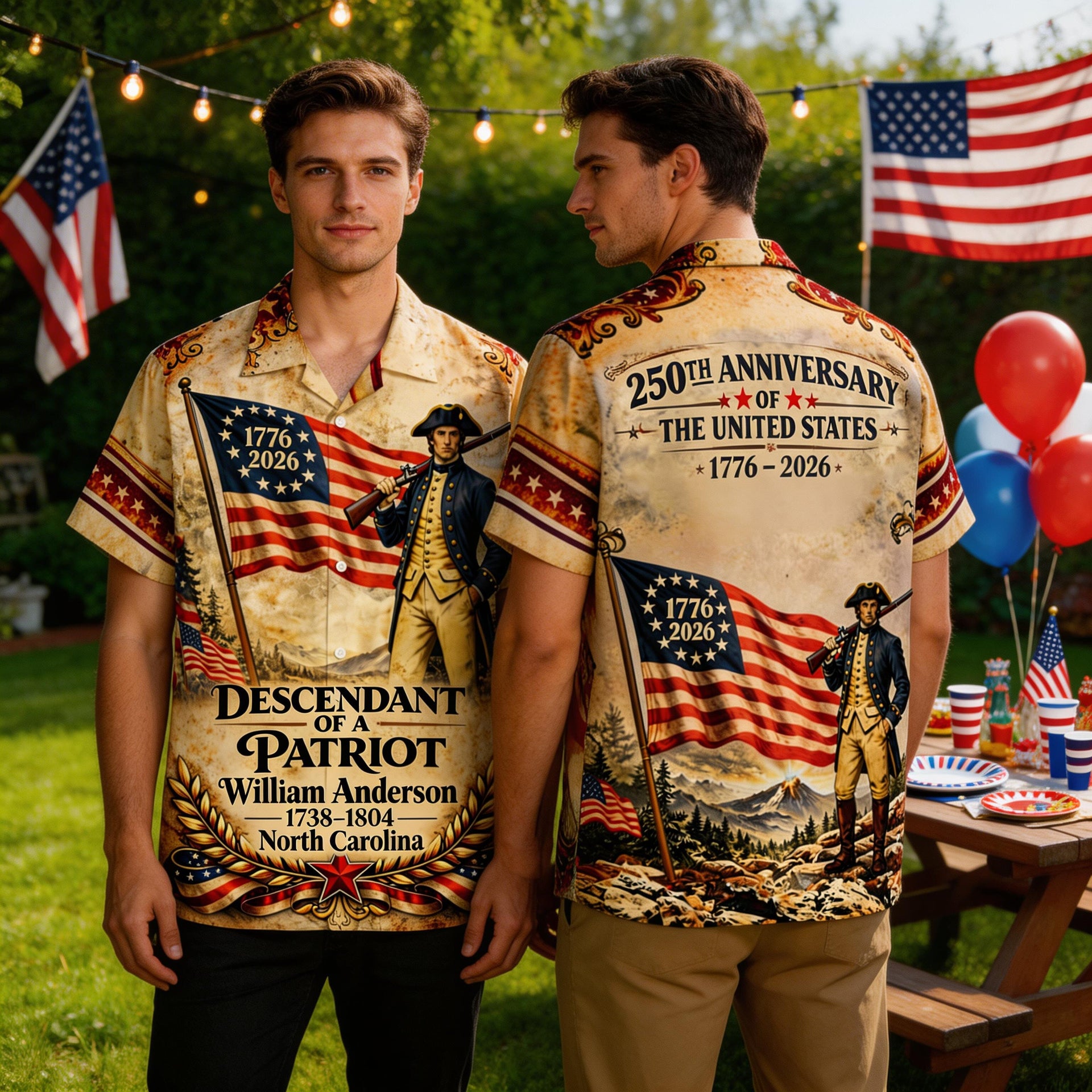 Descendant of a Patriot Hawaiian Shirt – USA 250th Anniversary 1776–2026, Personalized Patriotic Shirt, American Flag Vintage Style