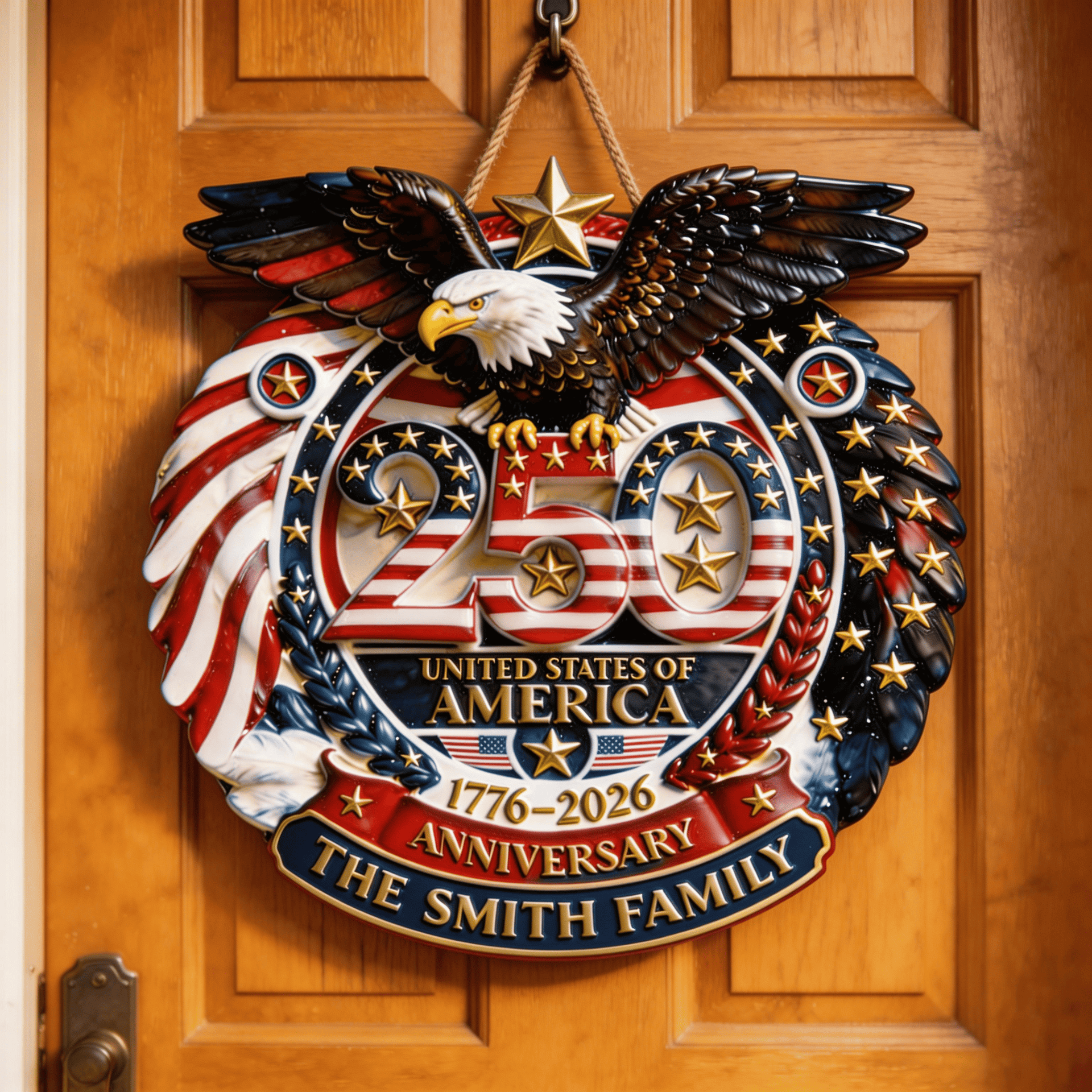 Personalized USA 250th Anniversary Door Sign – Patriotic 4th of July Wood Sign, American Eagle Front Door Decor, Custom Family Name Wreath