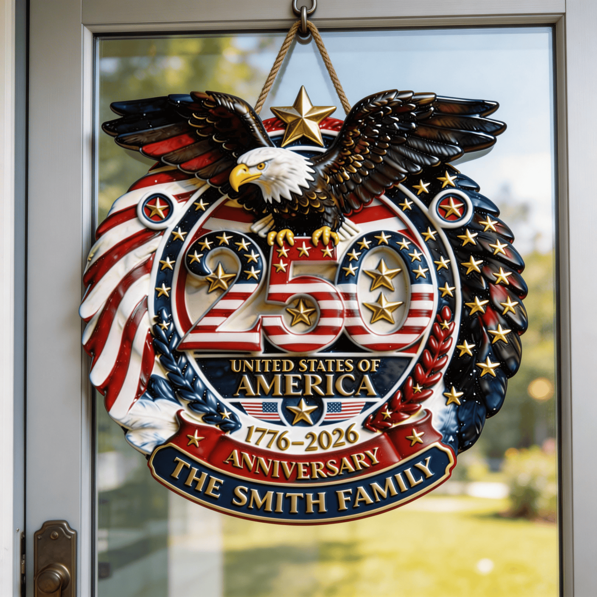Personalized USA 250th Anniversary Door Sign – Patriotic 4th of July Wood Sign, American Eagle Front Door Decor, Custom Family Name Wreath