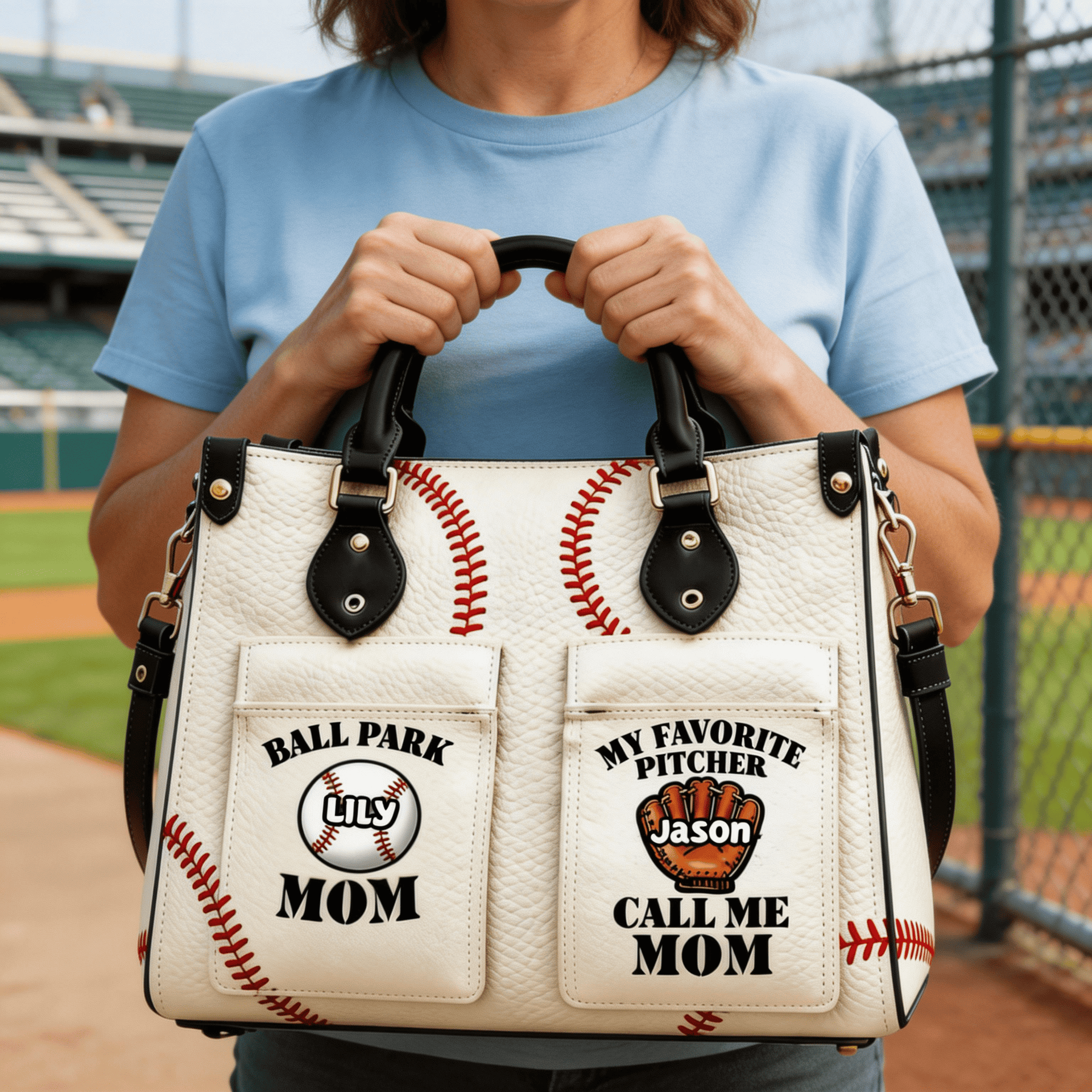Personalized Mom Baseball Handbag – Custom Name Leather Tote Bag for Mom, Baseball Mom Gift, Mother’s Day Gift for Baseball Lovers