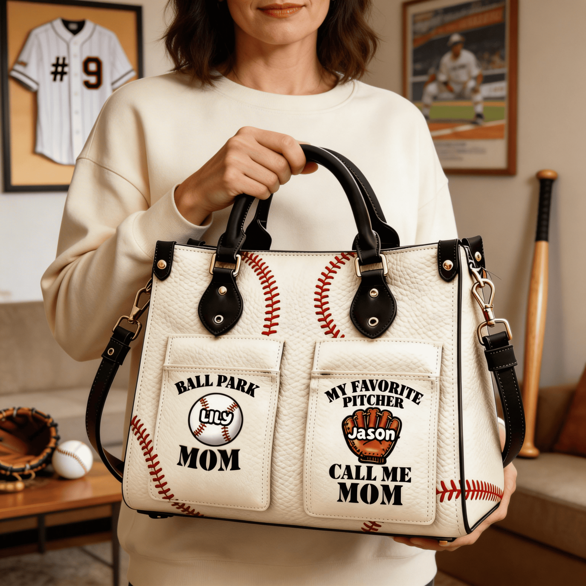 Personalized Mom Baseball Handbag – Custom Name Leather Tote Bag for Mom, Baseball Mom Gift, Mother’s Day Gift for Baseball Lovers
