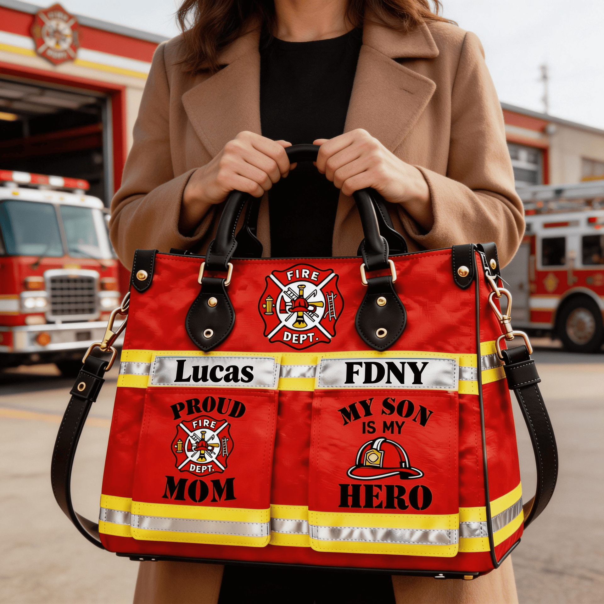 Personalized Firefighter Mom Handbag – Custom Name Leather Bag for Proud Firefighter Mom, Gift for Mom of Firefighter Son
