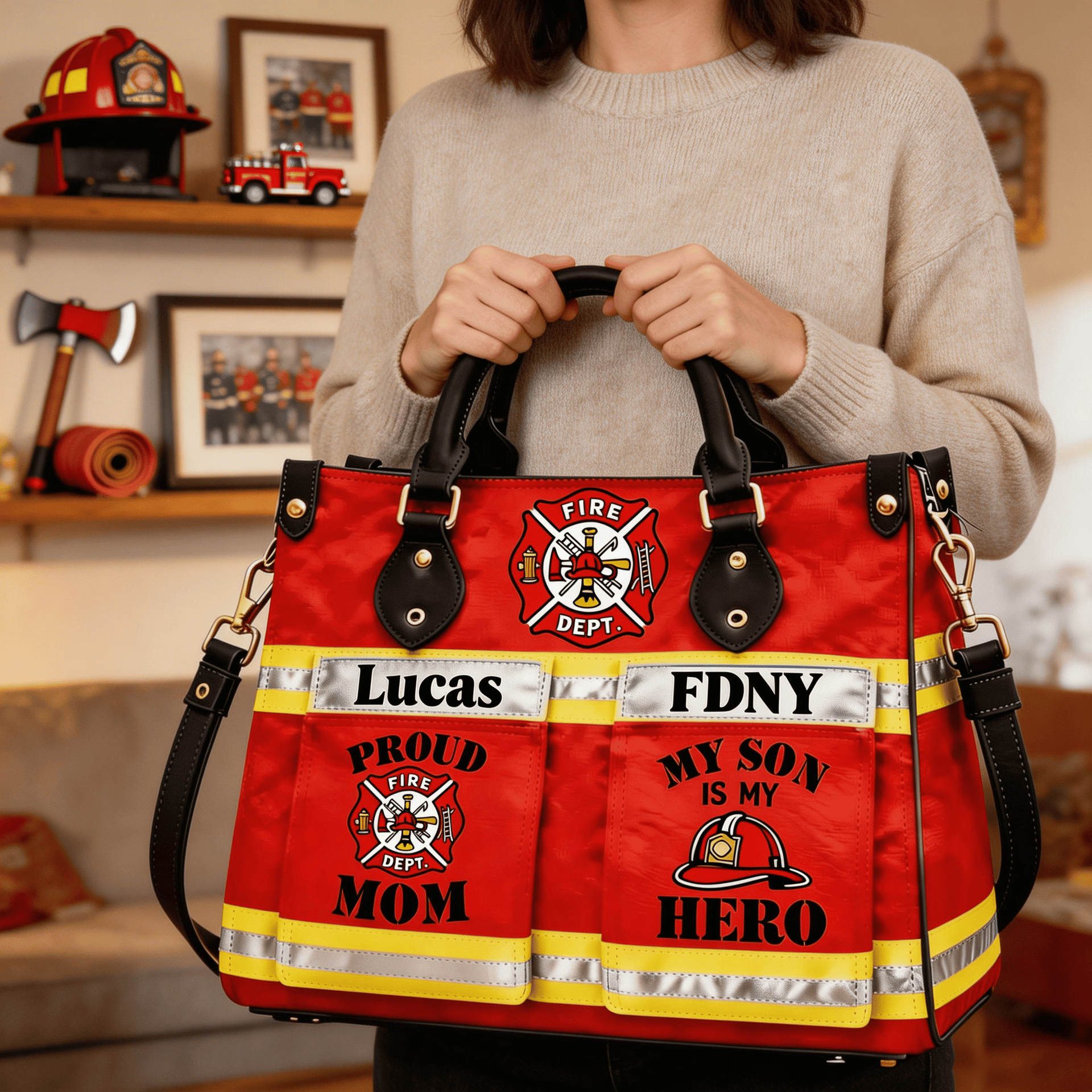 Personalized Firefighter Mom Handbag – Custom Name Leather Bag for Proud Firefighter Mom, Gift for Mom of Firefighter Son