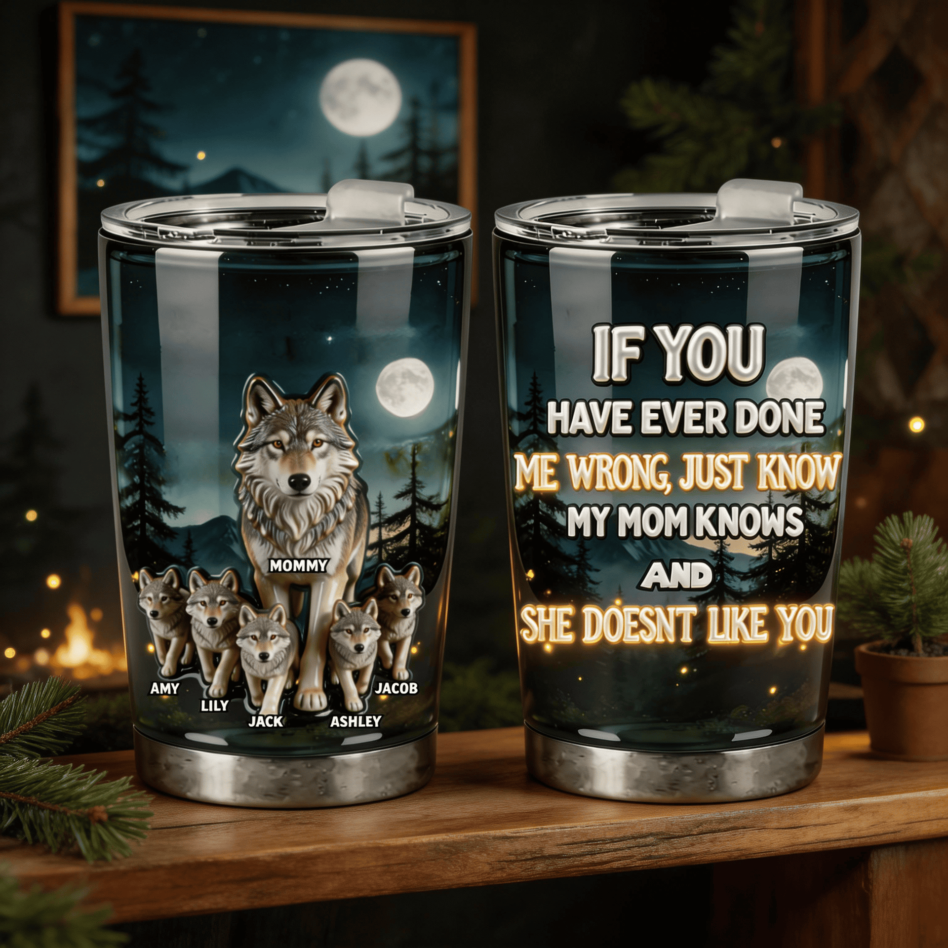 Personalized Wolf Mom Tumbler 20oz – Funny Gift For Mom From Kids, Custom Family Wolf Cup, Mother’s Day Gift, Insulated Travel Mug