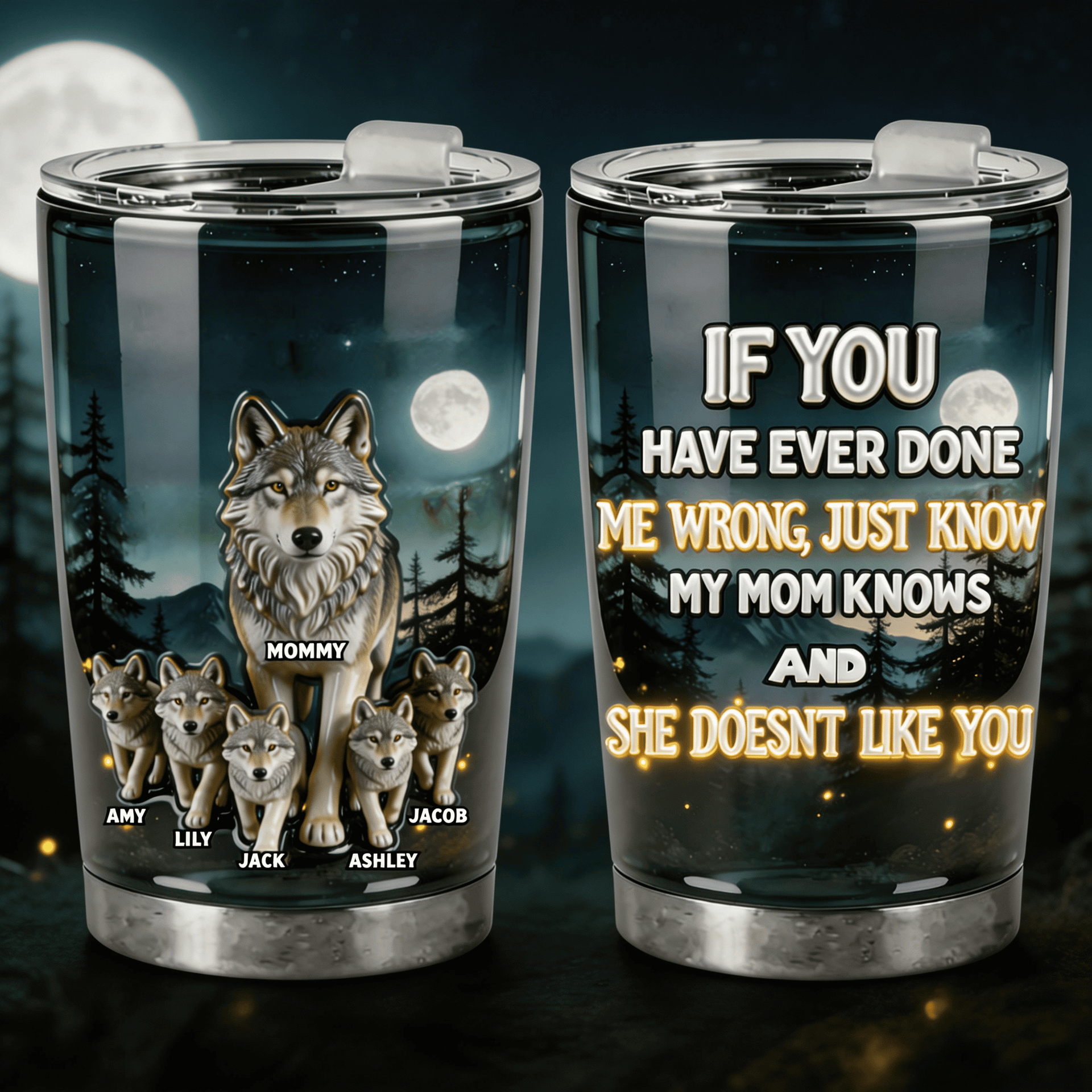 Personalized Wolf Mom Tumbler 20oz – Funny Gift For Mom From Kids, Custom Family Wolf Cup, Mother’s Day Gift, Insulated Travel Mug