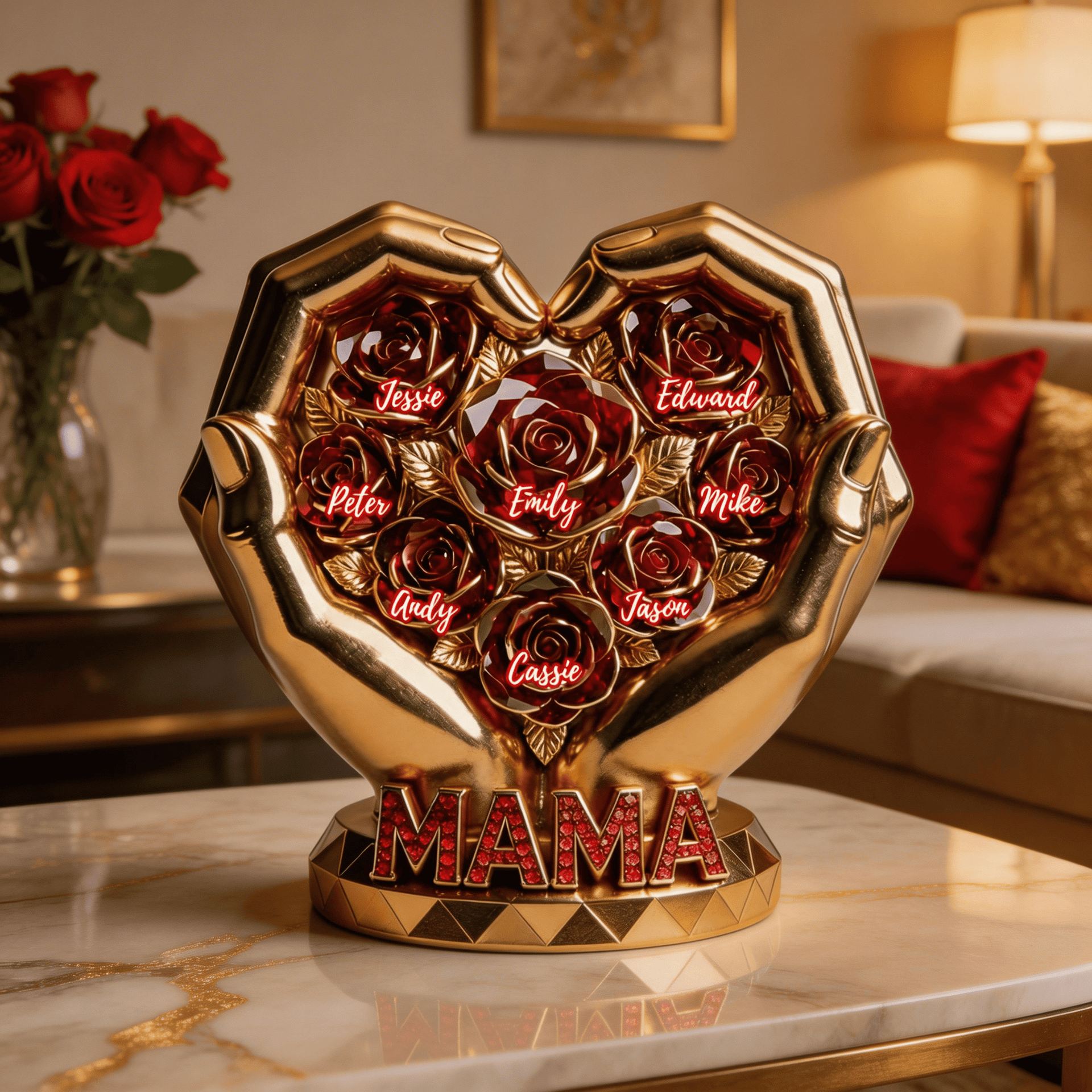 Personalized Mom Rose Plaque – Custom Family Name Gift for Mom, Mother’s Day Gift from Kids, Heart Hands Rose Keepsake, Birthday Gift for Mom