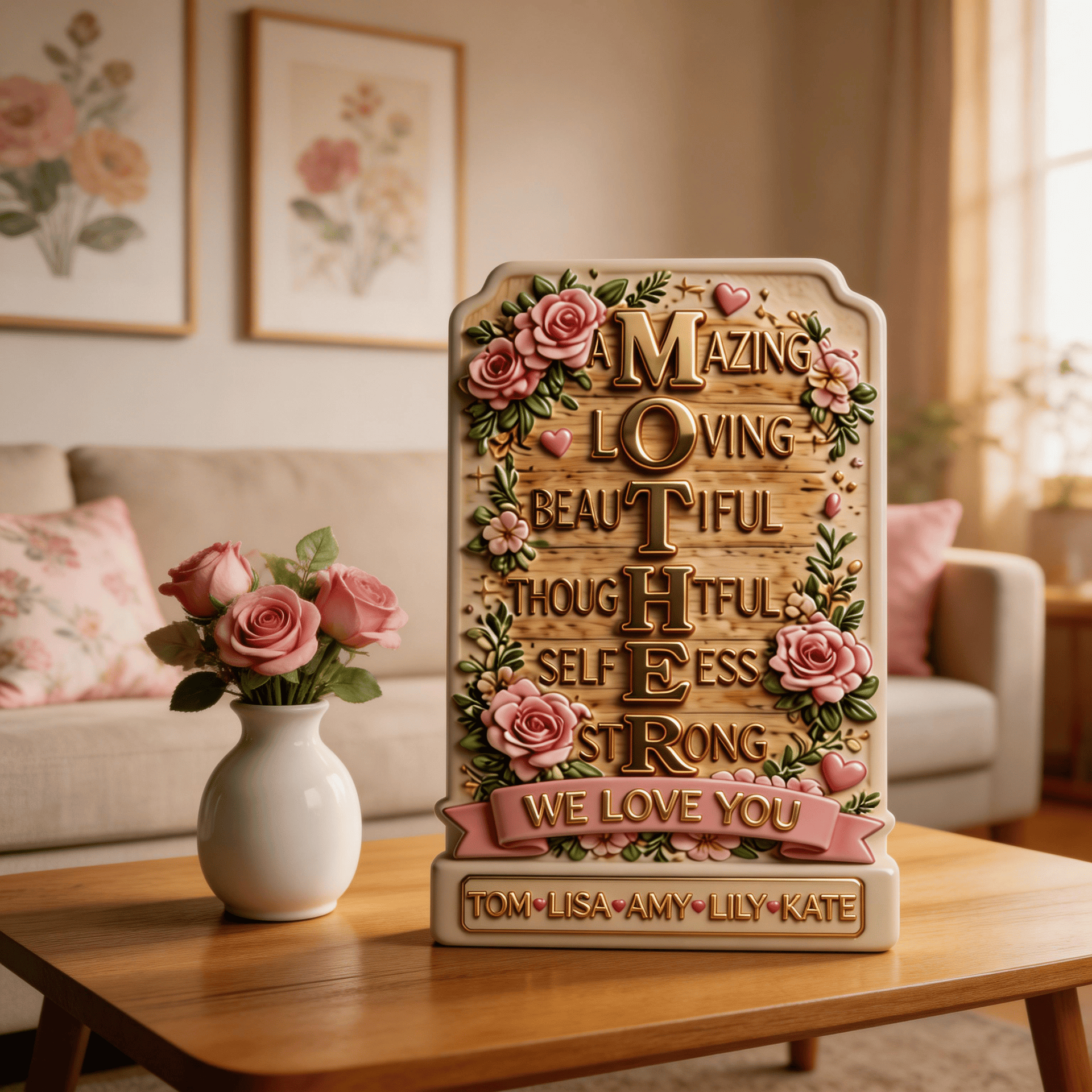 Personalized Mother Plaque – Gift for Mom from Kids, Mother’s Day Wooden Plaque, Custom Family Name Mom Sign, Birthday Gift for Mom