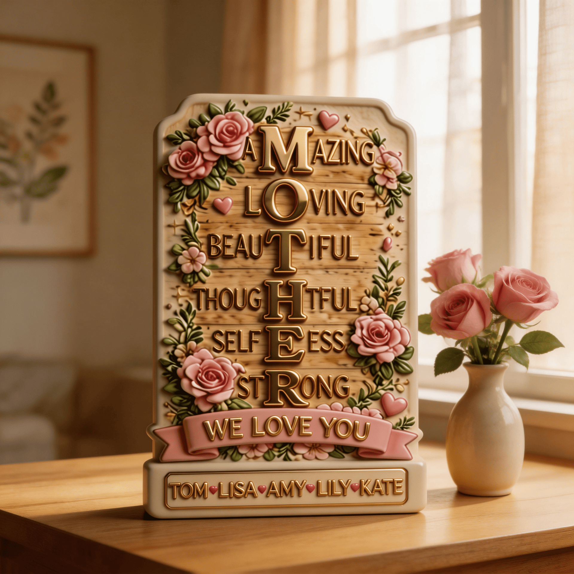 Personalized Mother Plaque – Gift for Mom from Kids, Mother’s Day Wooden Plaque, Custom Family Name Mom Sign, Birthday Gift for Mom