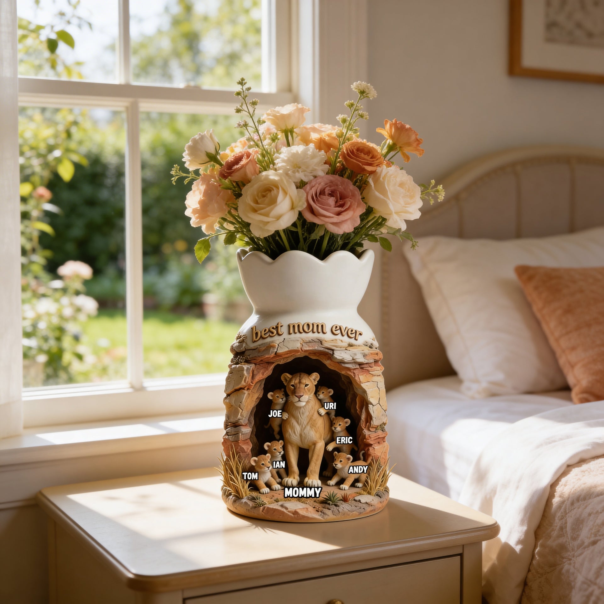 Personalized Mom Lion Family Vase – Best Mom Ever Flower Vase with Kids Names, Custom Gift for Mom, Mother’s Day Gift from Children