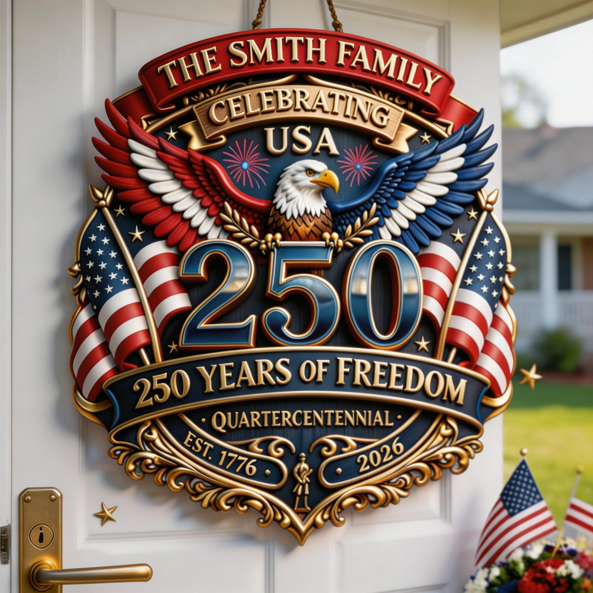 Personalized 4th of July Wood Sign – USA 250th Anniversary Door Sign, Patriotic American Eagle Decor, Independence Day Wreath