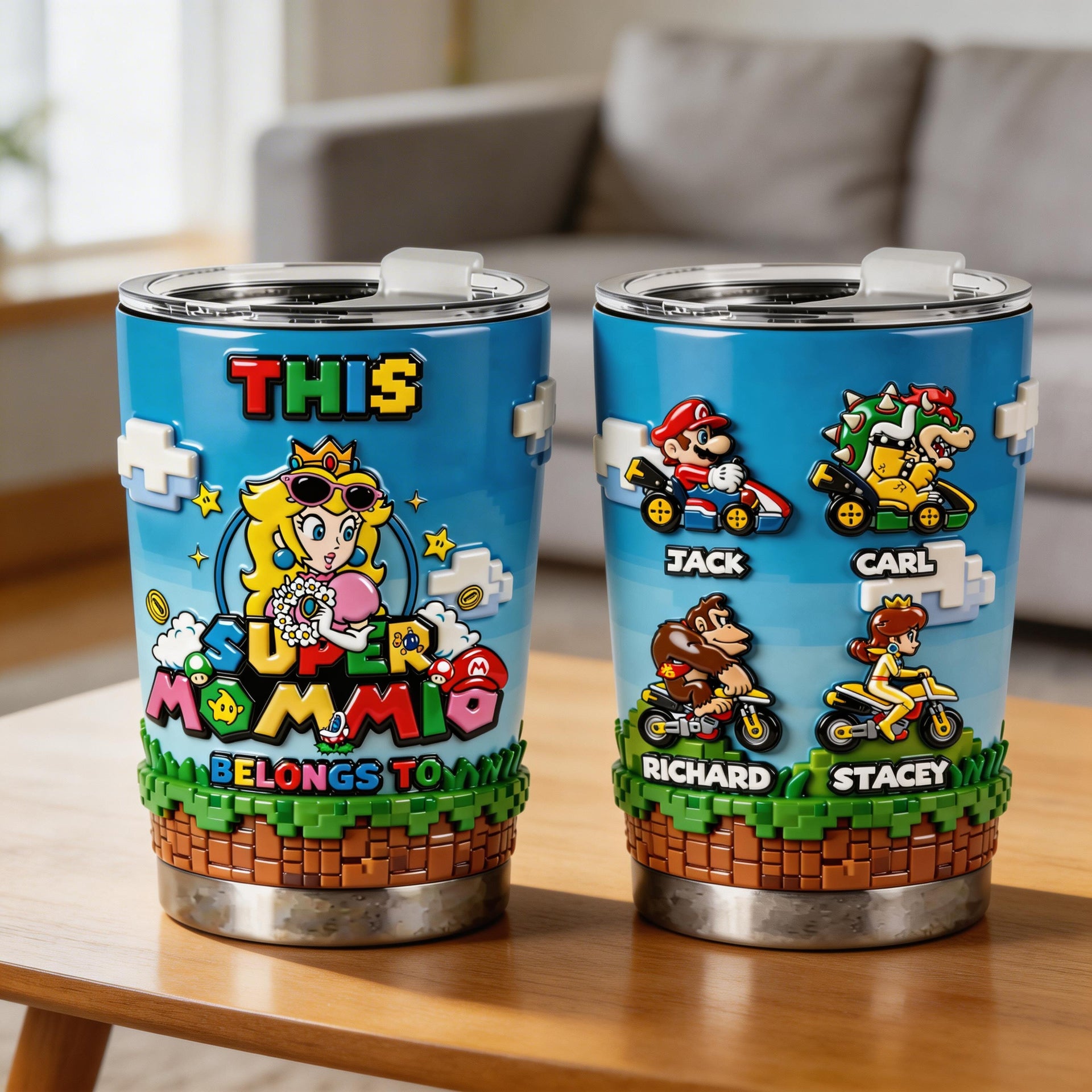 Super Mom Tumbler 20oz – Personalized Mario Style Family Names Cup, Custom Kids Names Gift for Mom, Funny Gaming Stainless Steel Mug