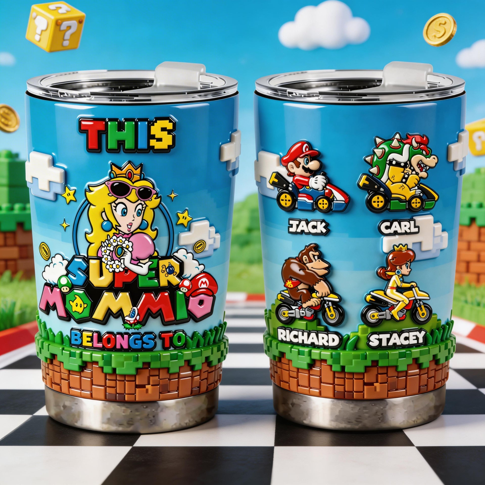 Super Mom Tumbler 20oz – Personalized Mario Style Family Names Cup, Custom Kids Names Gift for Mom, Funny Gaming Stainless Steel Mug