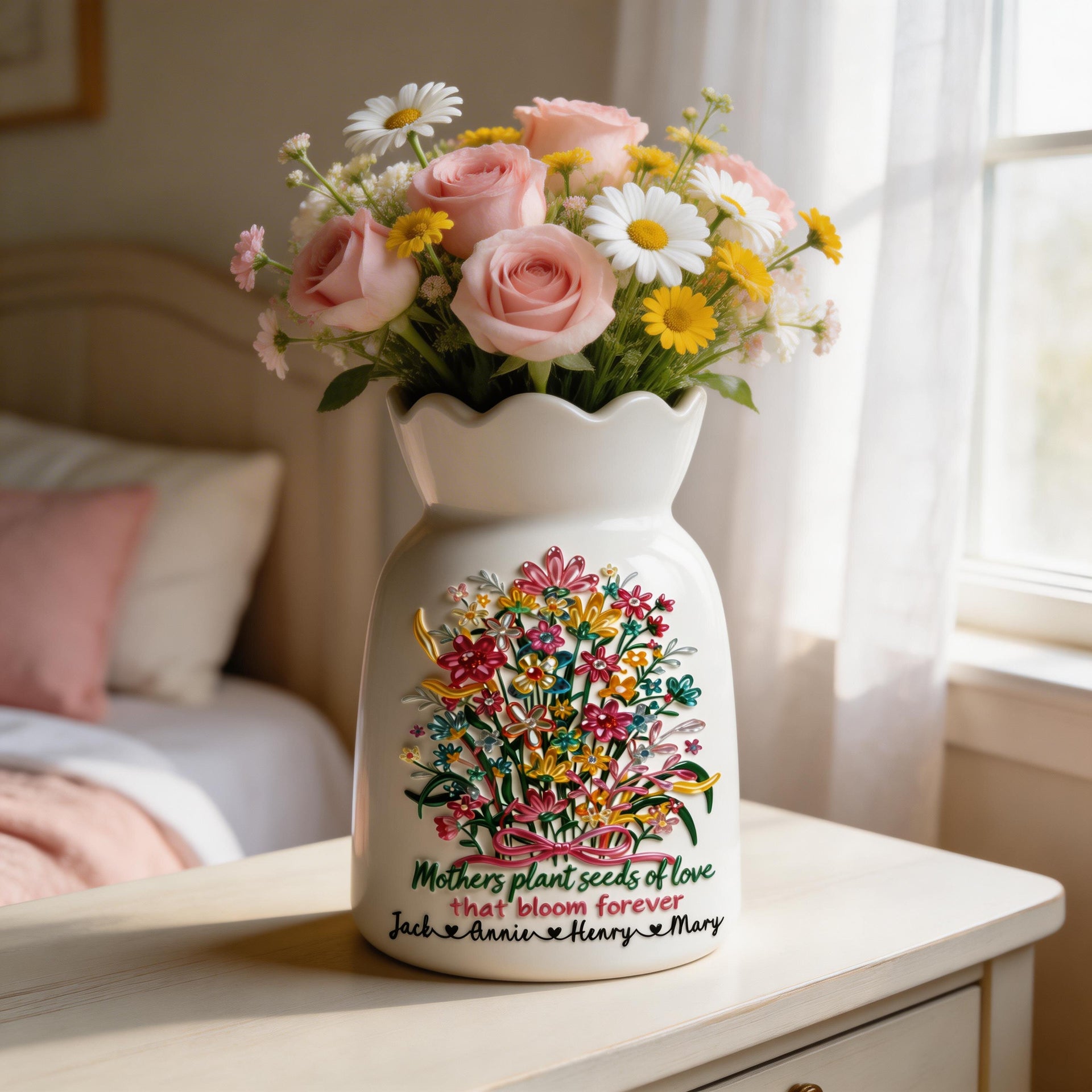 Personalized Flower Vase for Mom – Custom Kids Names Vase, Mother’s Day Gift, Floral Ceramic Vase, Family Love Keepsake Home Decor