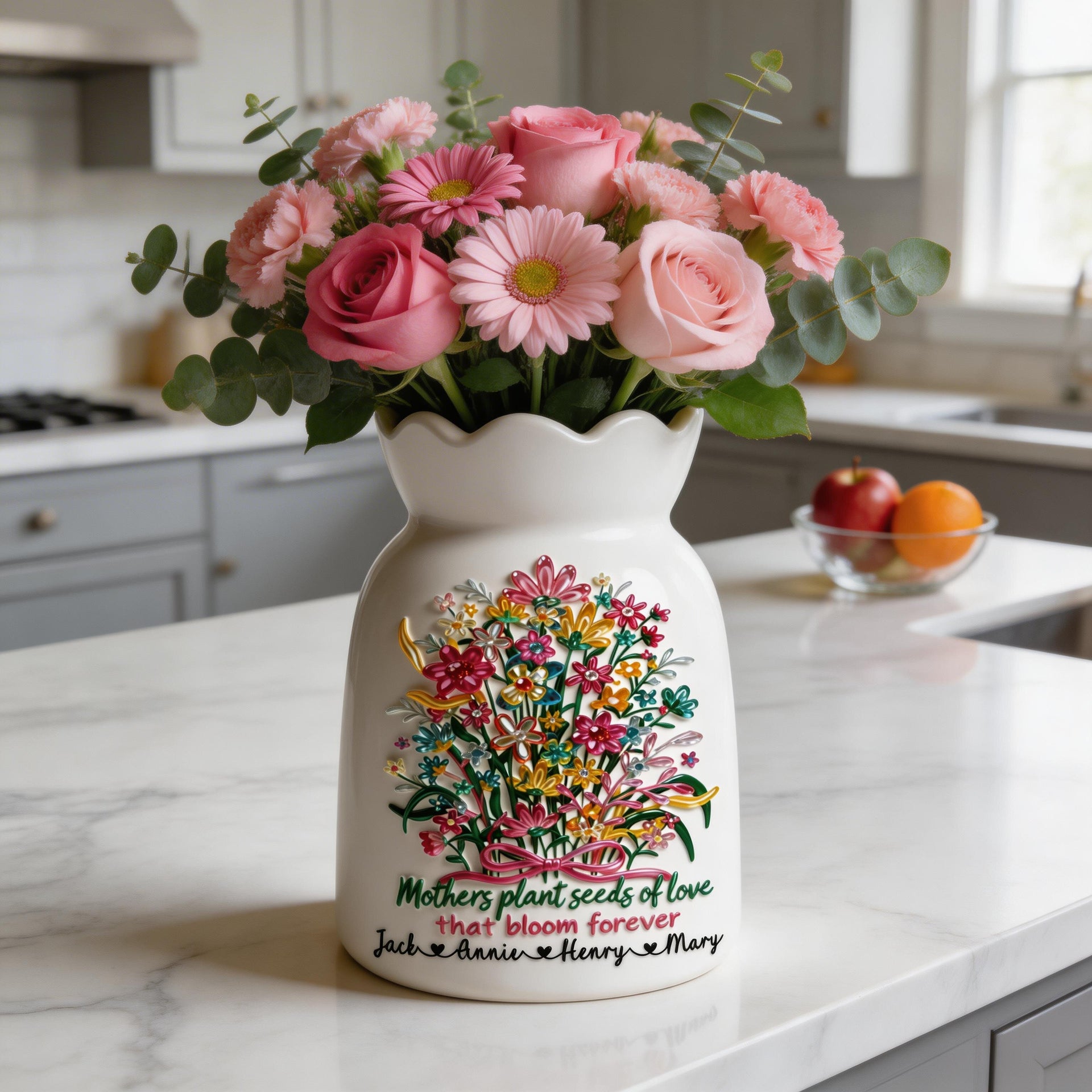 Personalized Flower Vase for Mom – Custom Kids Names Vase, Mother’s Day Gift, Floral Ceramic Vase, Family Love Keepsake Home Decor
