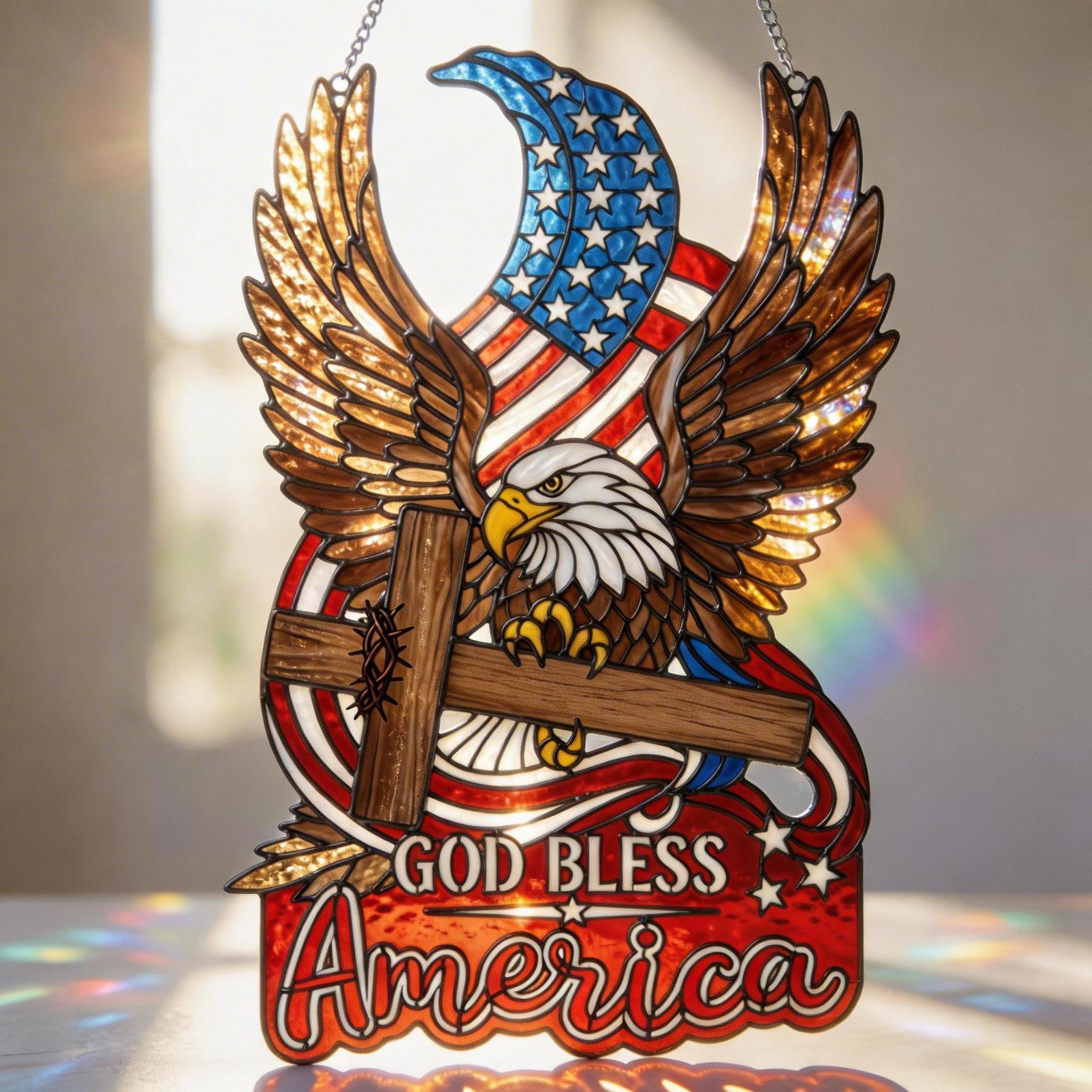 God Bless America Eagle Suncatcher – Personalized Patriotic Window Hanging, American Flag Stained Glass Decor, Veteran Gift