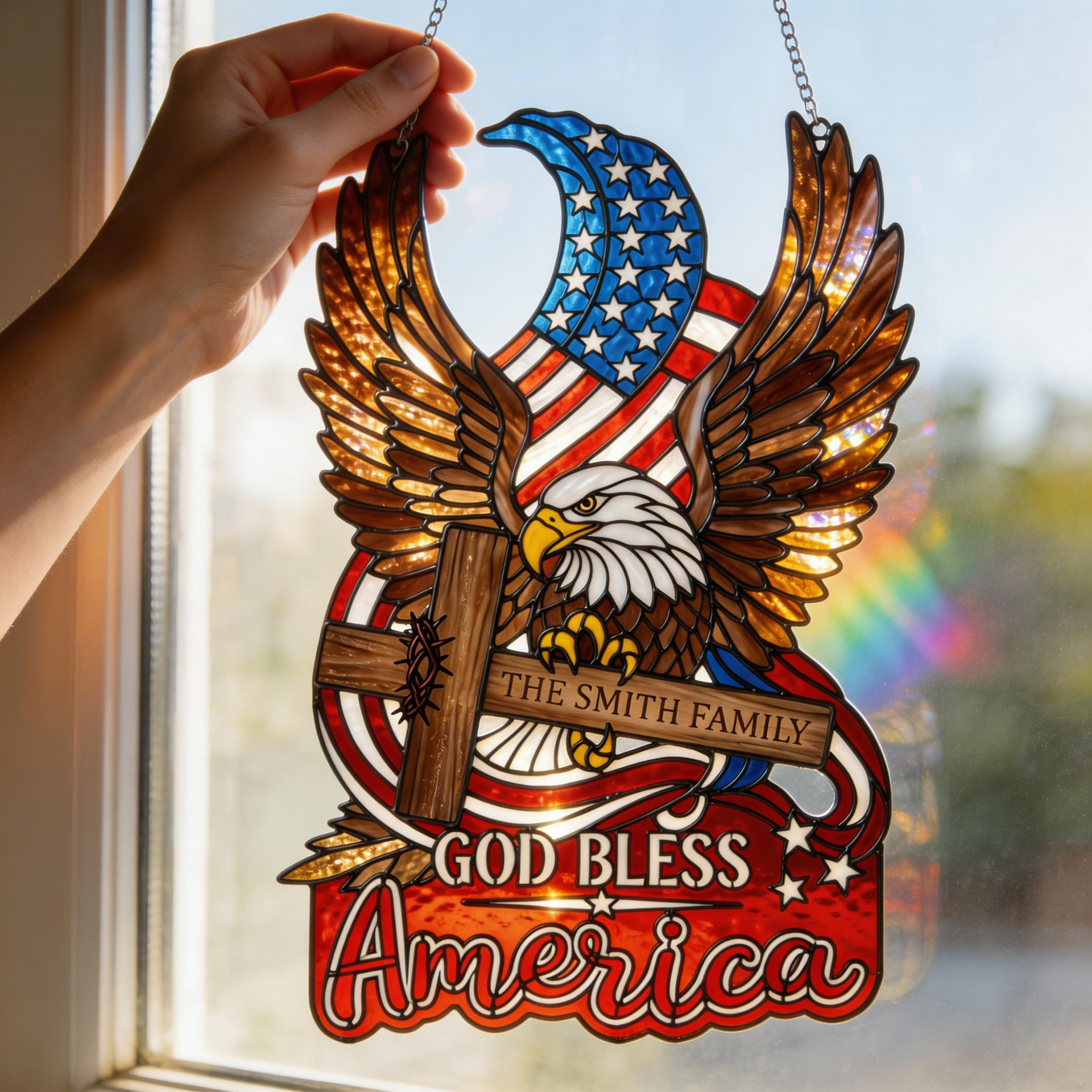 God Bless America Eagle Suncatcher – Personalized Patriotic Window Hanging, American Flag Stained Glass Decor, Veteran Gift
