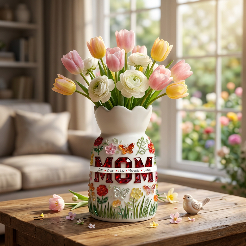 Personalized Mom Flower Vase – Custom MOM Vase with Names, Floral Butterfly Vase Gift for Mom, Mother’s Day Gift From Kids