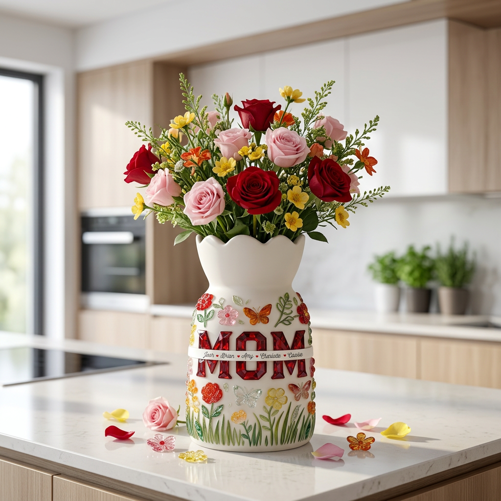 Personalized Mom Flower Vase – Custom MOM Vase with Names, Floral Butterfly Vase Gift for Mom, Mother’s Day Gift From Kids
