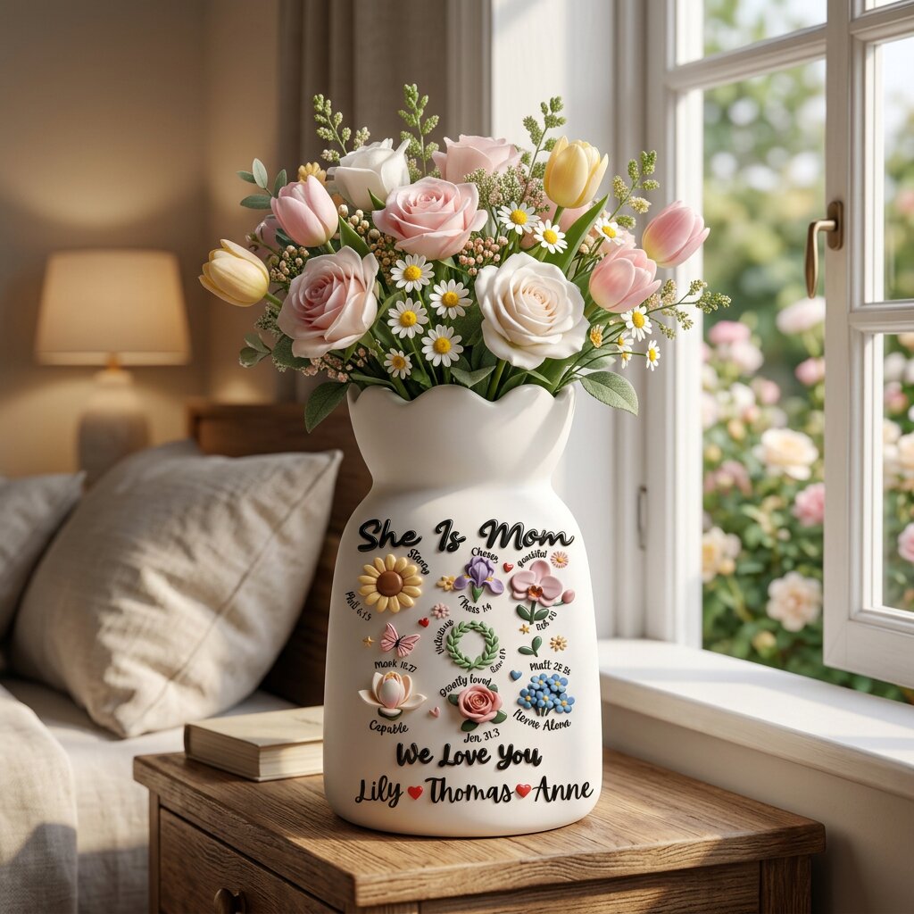 Christian Mom Flower Vase – Personalized Bible Verse Vase, Custom Floral Mom Gift, Mother’s Day Religious Gift From Kids