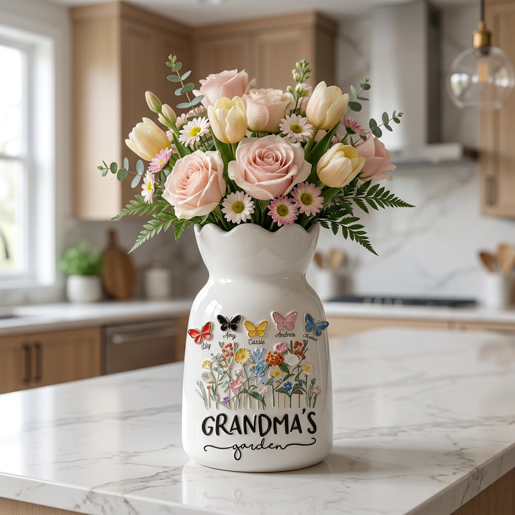 Personalized Grandma Flower Vase – Grandma’s Garden Vase with Names, Butterfly Birth Flower Vase Gift for Grandma from Grandkids