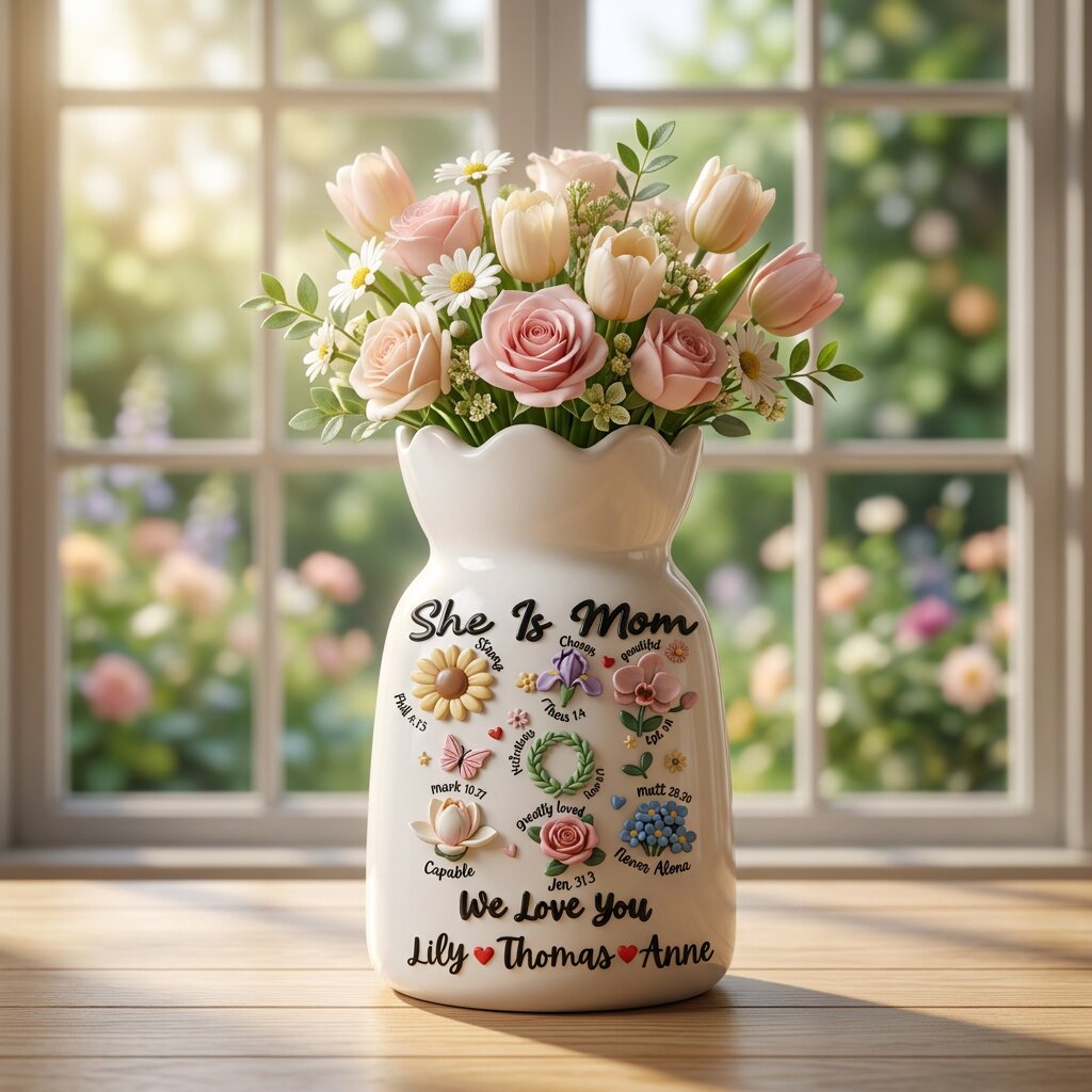 Christian Mom Flower Vase – Personalized Bible Verse Vase, Custom Floral Mom Gift, Mother’s Day Religious Gift From Kids