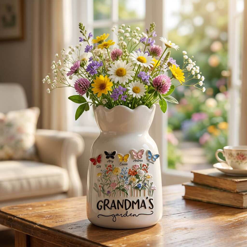 Personalized Grandma Flower Vase – Grandma’s Garden Vase with Names, Butterfly Birth Flower Vase Gift for Grandma from Grandkids