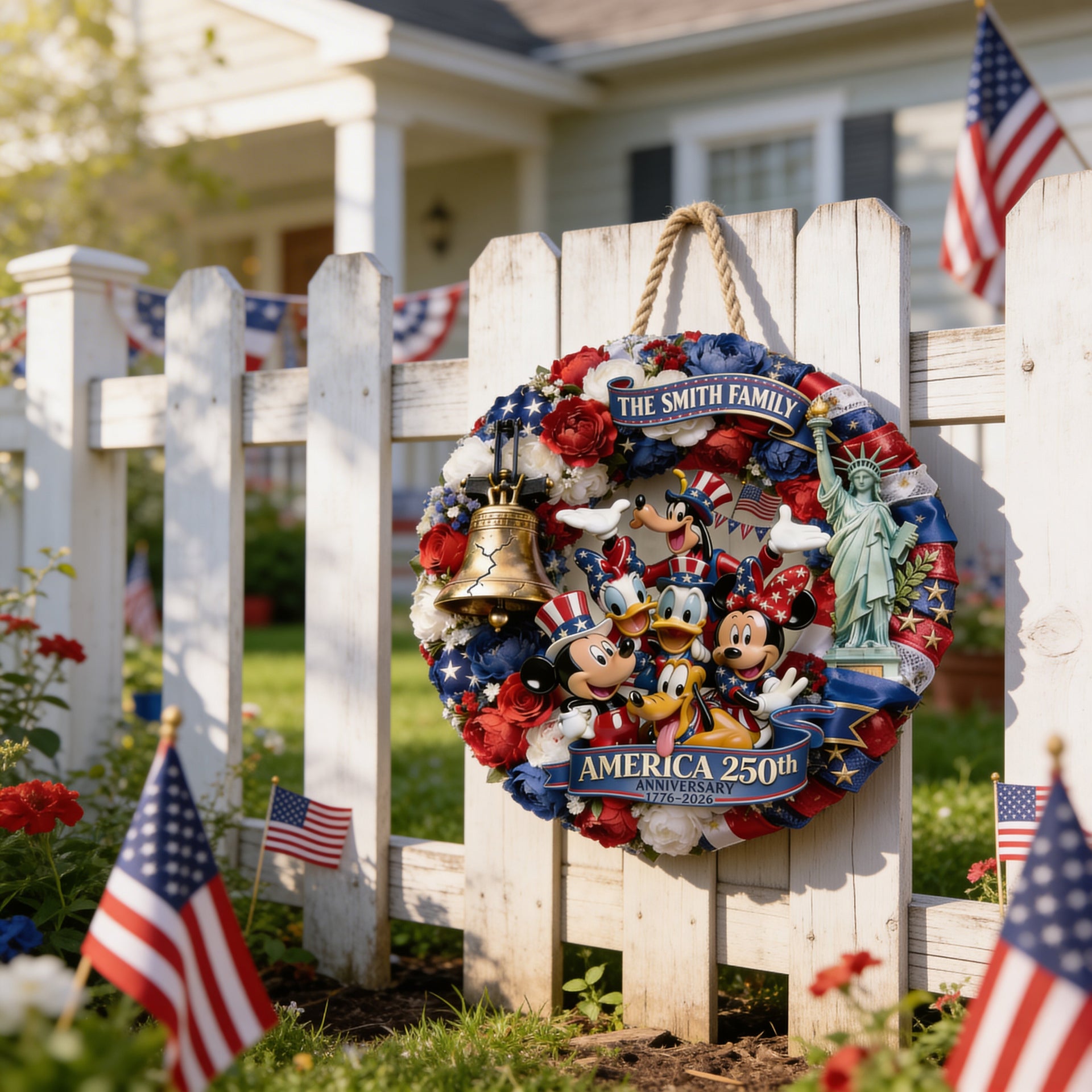 Personalized Patriotic Door Sign – America 250th Anniversary Wreath, Custom Family Name 4th of July Door Decor, USA Independence Decor