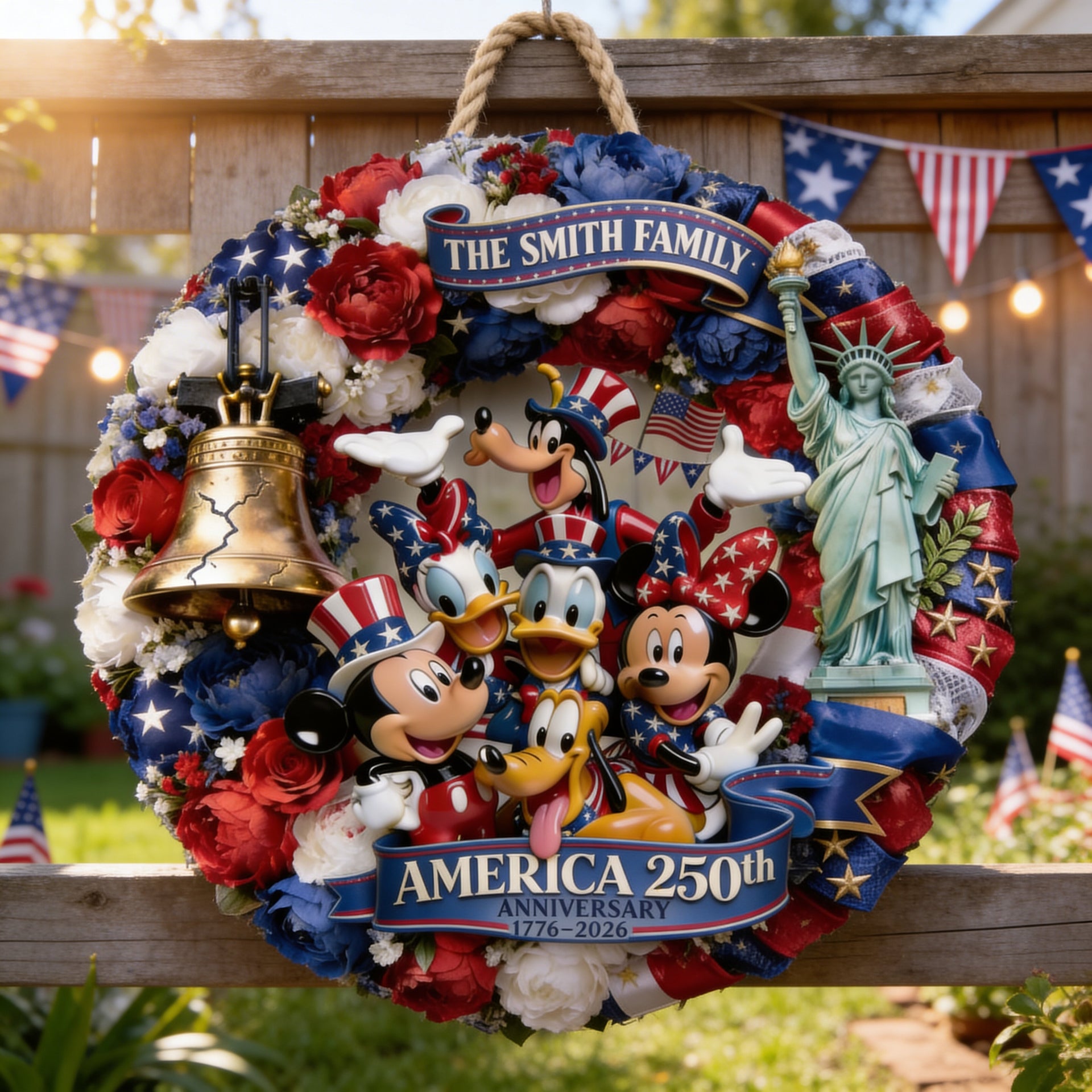 Personalized Patriotic Door Sign – America 250th Anniversary Wreath, Custom Family Name 4th of July Door Decor, USA Independence Decor