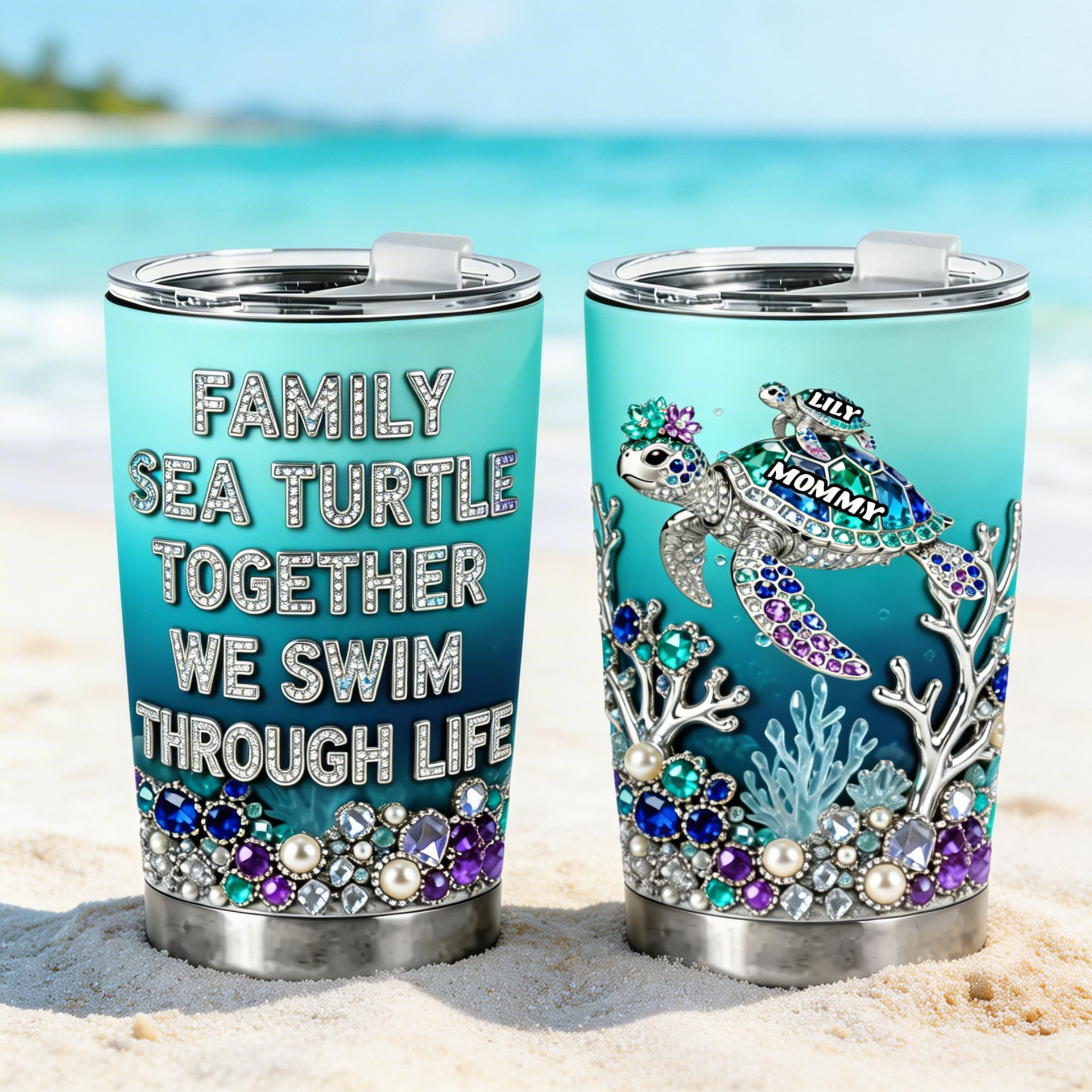 Sea Turtle Family Tumbler 20oz – Personalized Turtle Mom Tumbler, Family Sea Turtle Gift, Beach Lover Travel Mug Gift For Mom