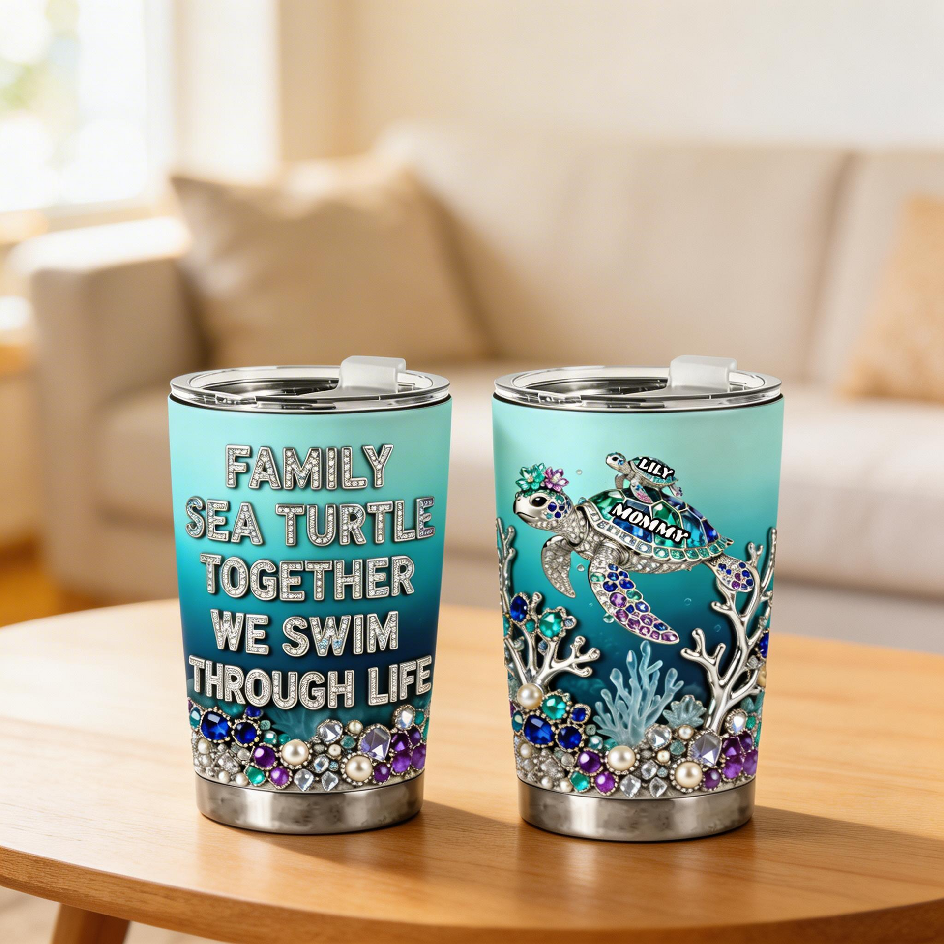 Sea Turtle Family Tumbler 20oz – Personalized Turtle Mom Tumbler, Family Sea Turtle Gift, Beach Lover Travel Mug Gift For Mom
