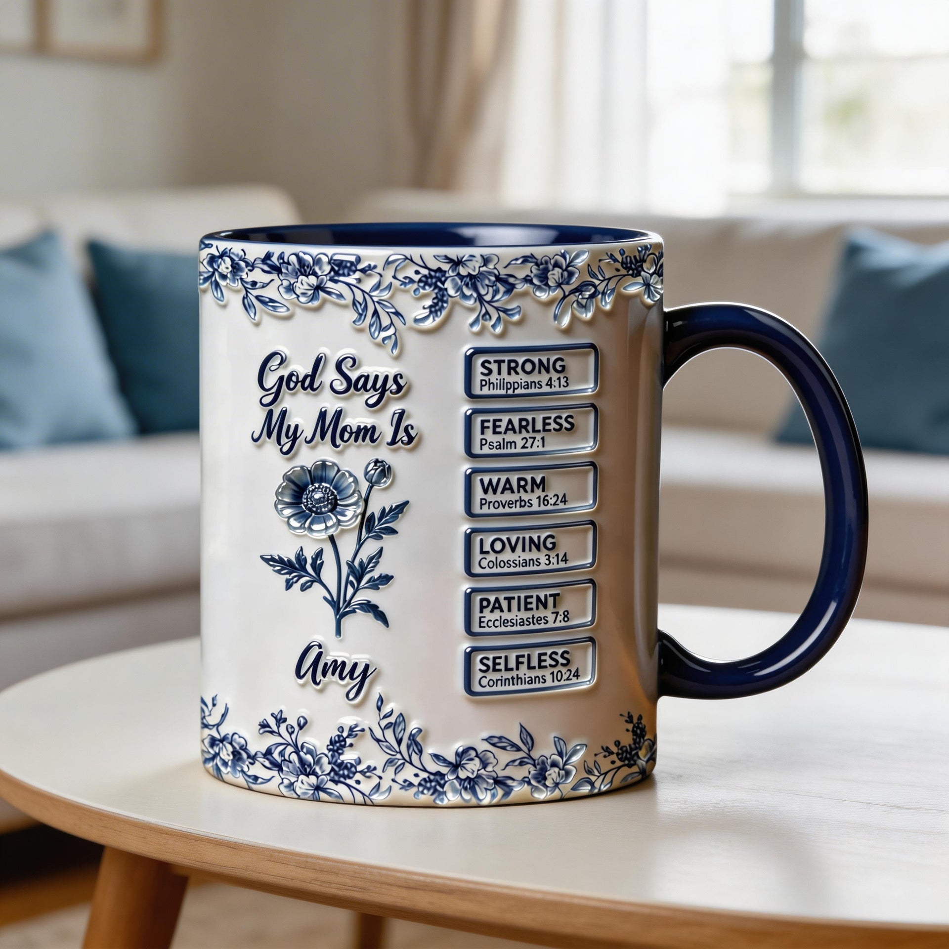 Christian Mom Mug – God Says My Mom Is Strong Fearless Loving Bible Verse Mug, Personalized Christian Gift for Mom Mother’s Day