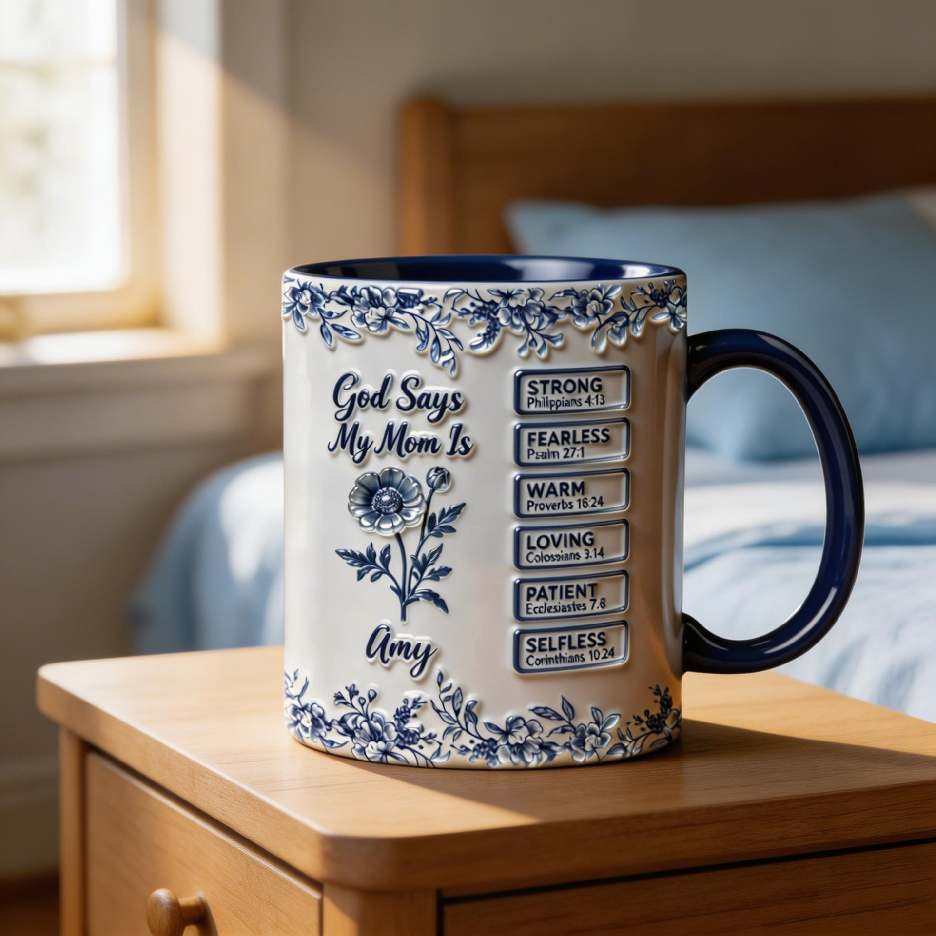 Christian Mom Mug – God Says My Mom Is Strong Fearless Loving Bible Verse Mug, Personalized Christian Gift for Mom Mother’s Day