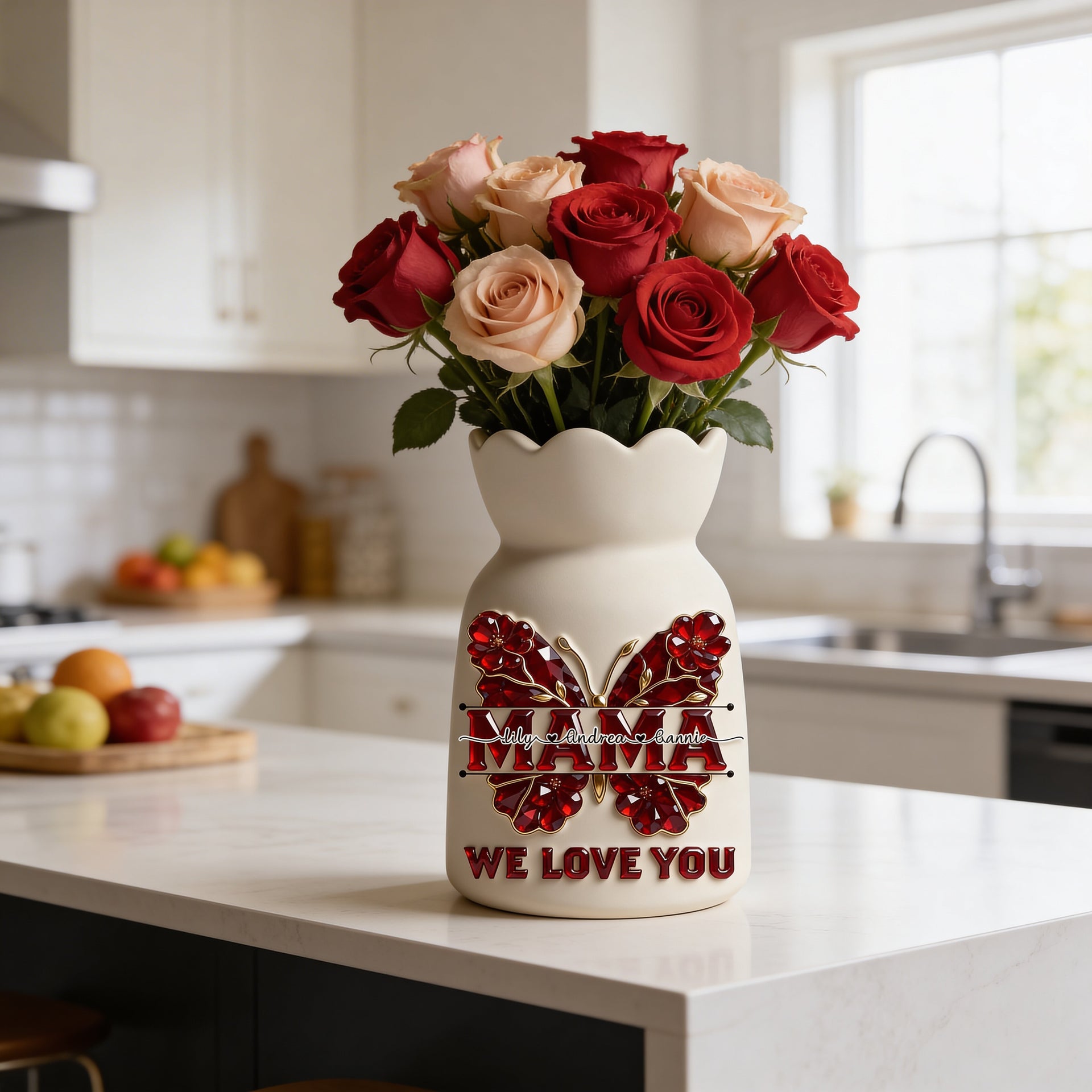 Personalized Mom Flower Vase – Custom Name Vase Gift for Mom, Mother’s Day Gift, Rose Ceramic Vase, We Love You Mom Gift